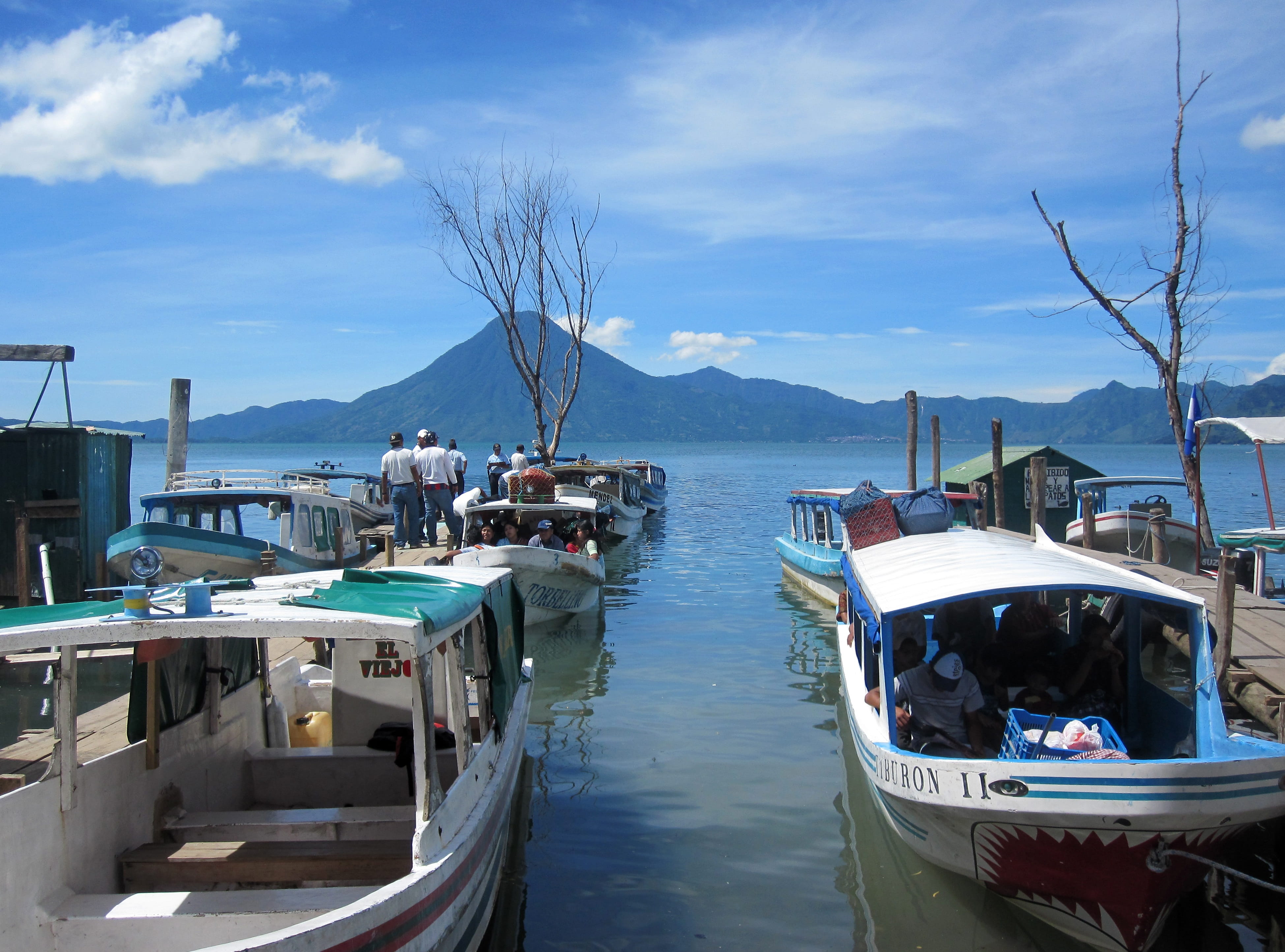 boat, central, tourism, travel, atitlan, volcano, nature, mode of transportation, indian, outdoors, cloud - sky, mountain range, lake, dock, mountain, sky, HD Wallpaper