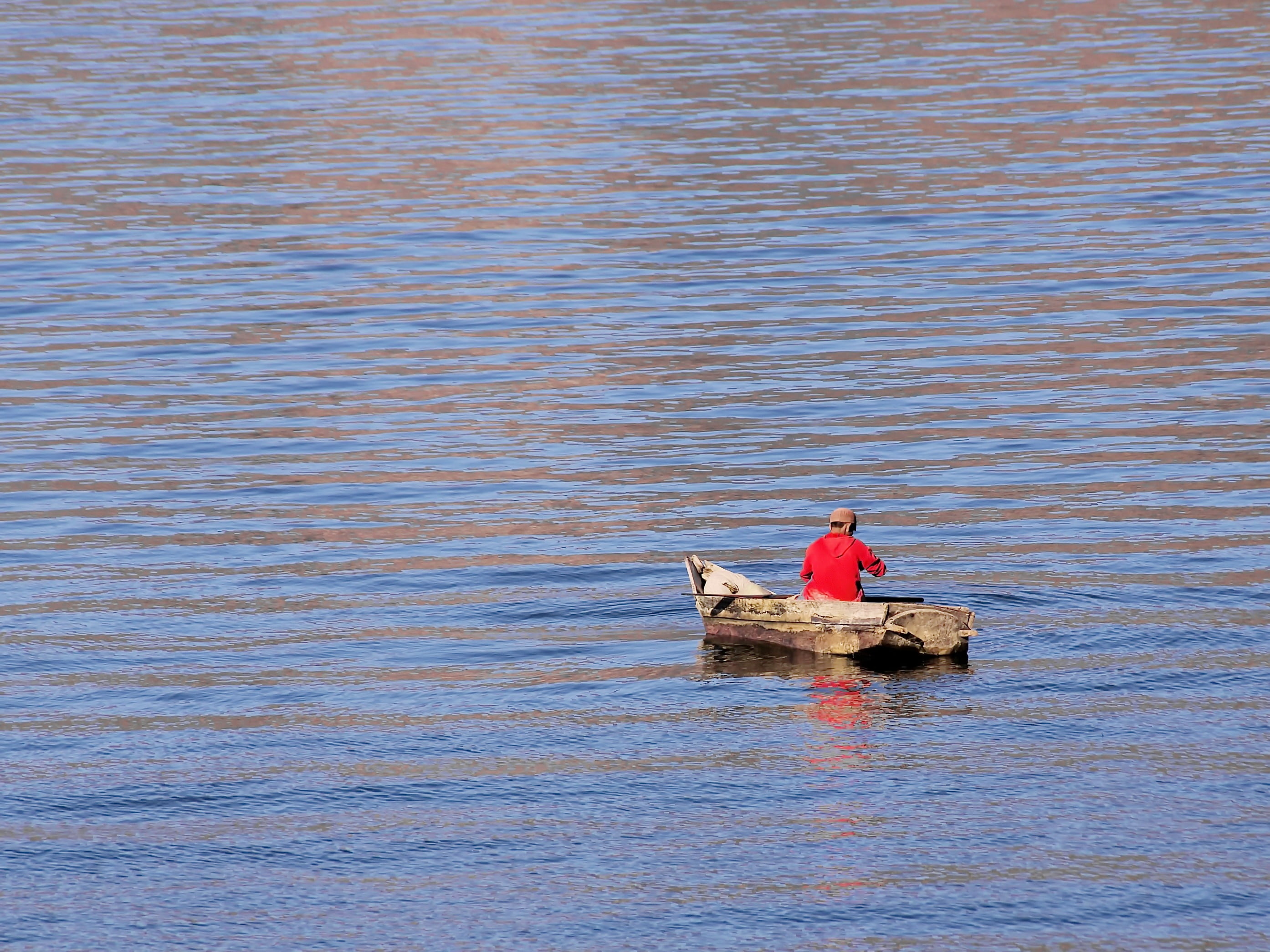 floating on water, navigation, solitude, 2K, nautical vessel, guatemala, no people, wooden boat, mode of transportation, red, rippled, lake atitlán, bird, HD Wallpaper