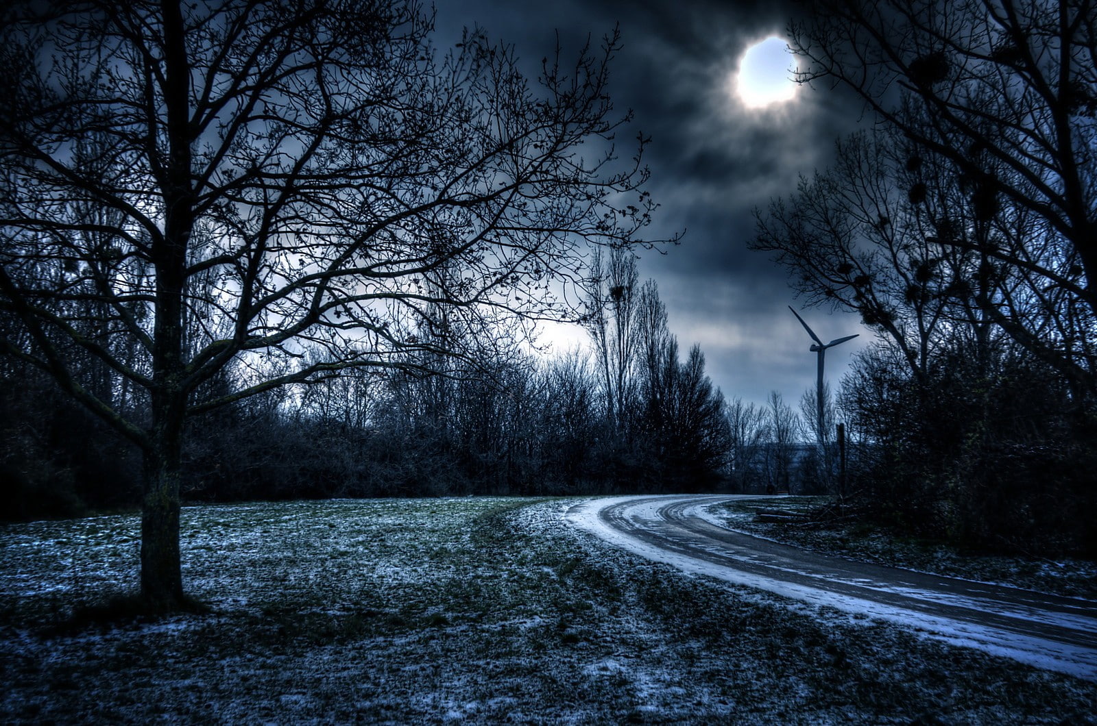 720P, dark, wind turbine, sunlight, road, trees, HD Wallpaper