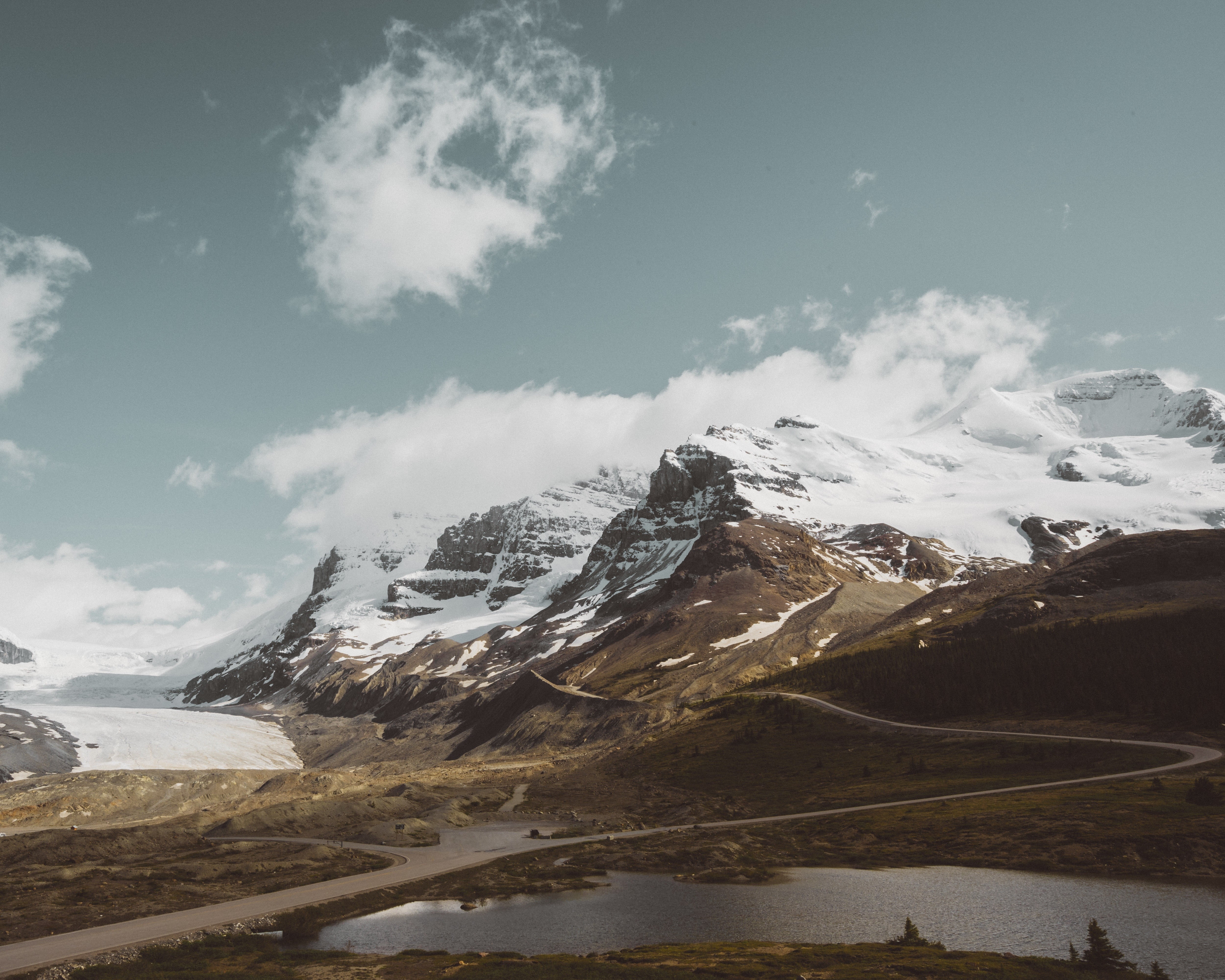 tranquil scene, cloud - sky, lake, beauty in nature, 4K, winding, road, snow, snowcapped mountain, day, scenics - nature, mountains, landscape, no people, HD Wallpaper
