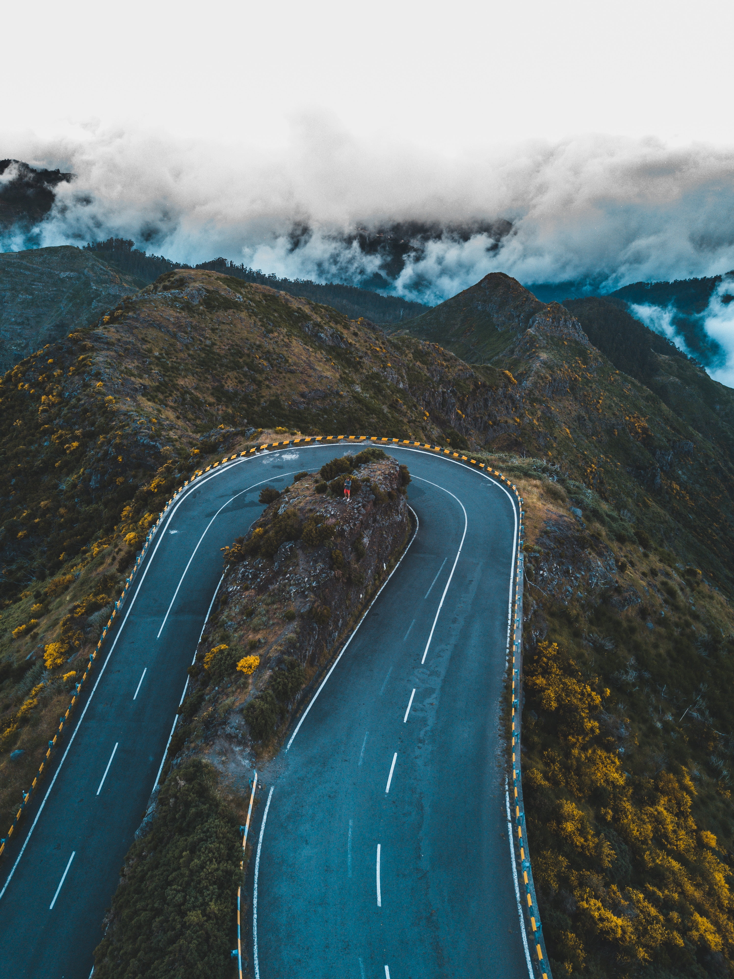 sky, cloud - sky, travel, the way forward, mountains, scenics - nature, Portugal, marking, fog, road trip, mode of transportation, sign, outdoors, nature, Phone HD Wallpaper