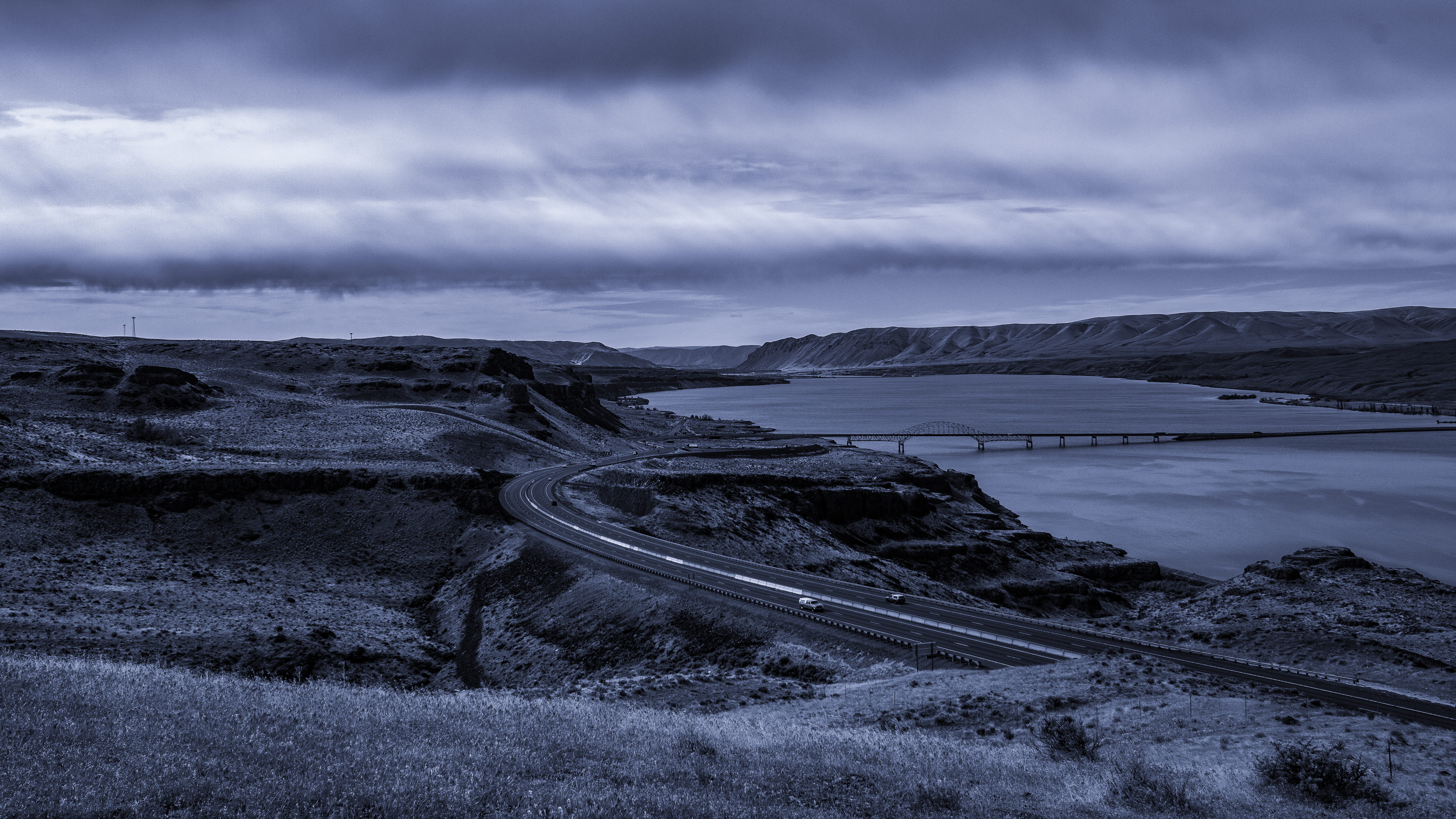 landscape, promontory, highway, no people, coast, travel, sky, ocean, nature, road, mountain, eastern washington, plateau, overcast, land, gravel, water, HD Wallpaper