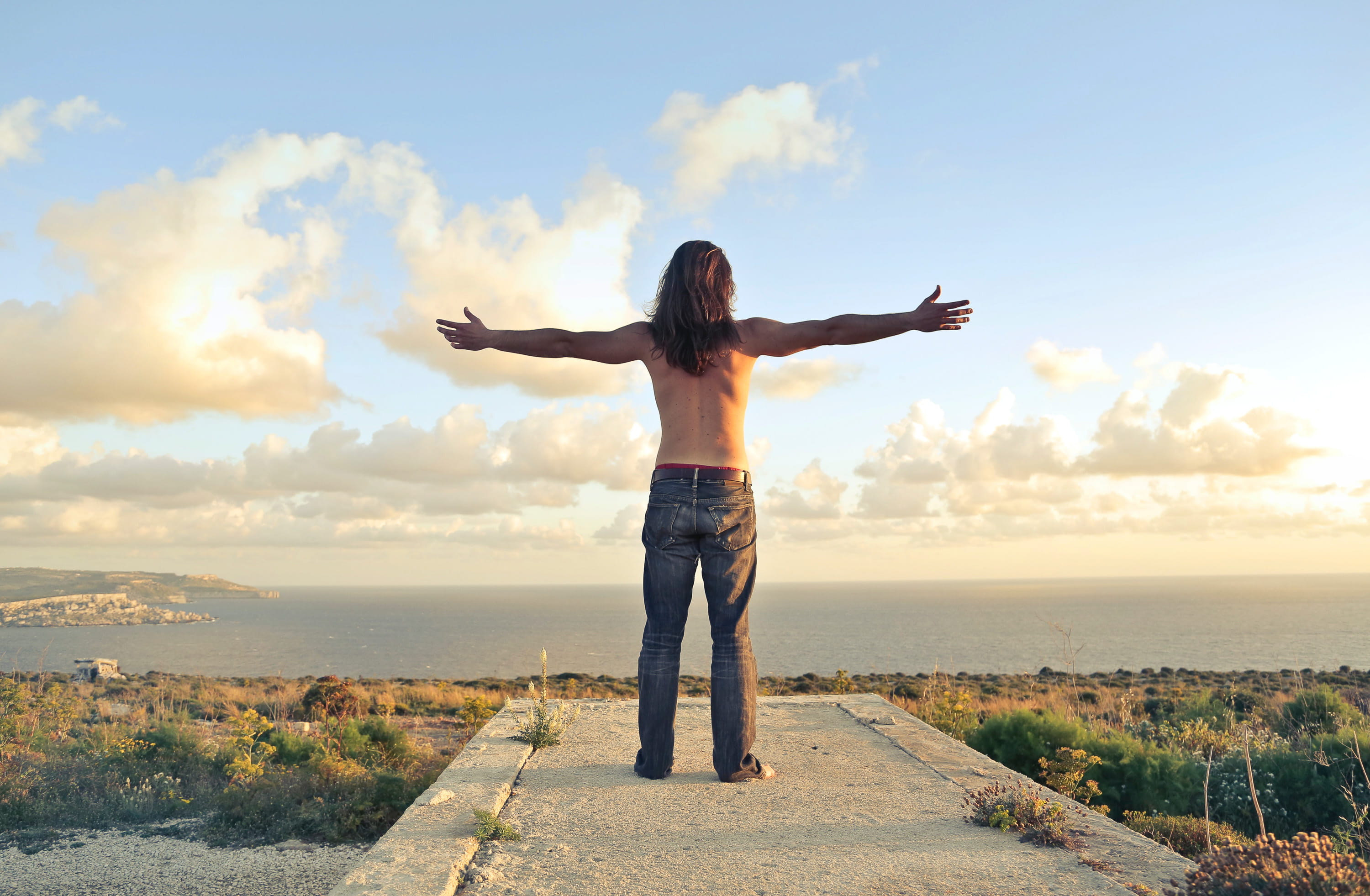green, beauty in nature, one person, human limb, adult, outdoors, excitement, hands, body part, sunny, land, arms outstretched, youth, sea, cloud - sky, HD Wallpaper