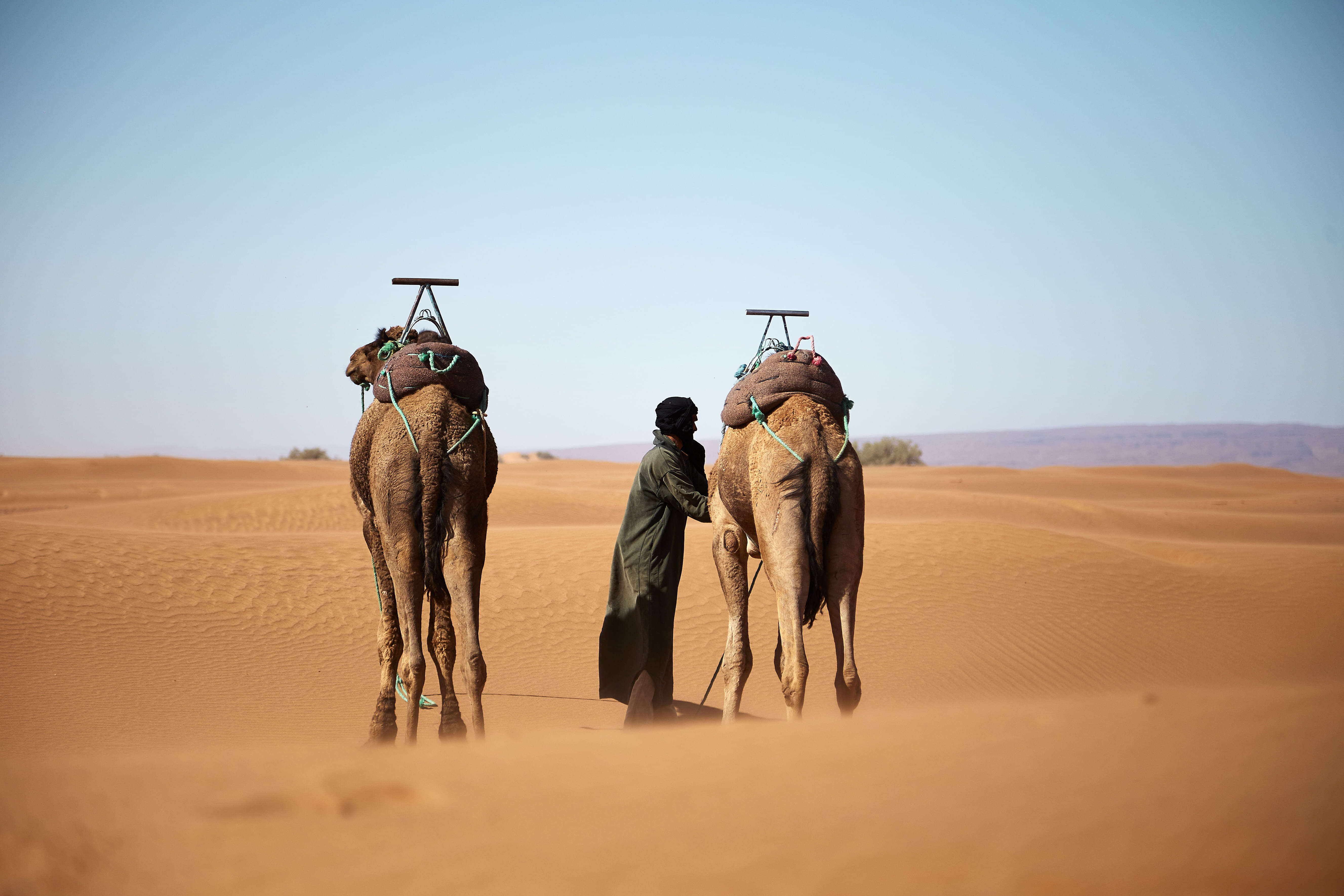 traditional clothing, two, land, desert, man, arid climate, people, person, transportation, scenics - nature, sand, outdoors, walking, nature, dune, domestic animals, HD Wallpaper