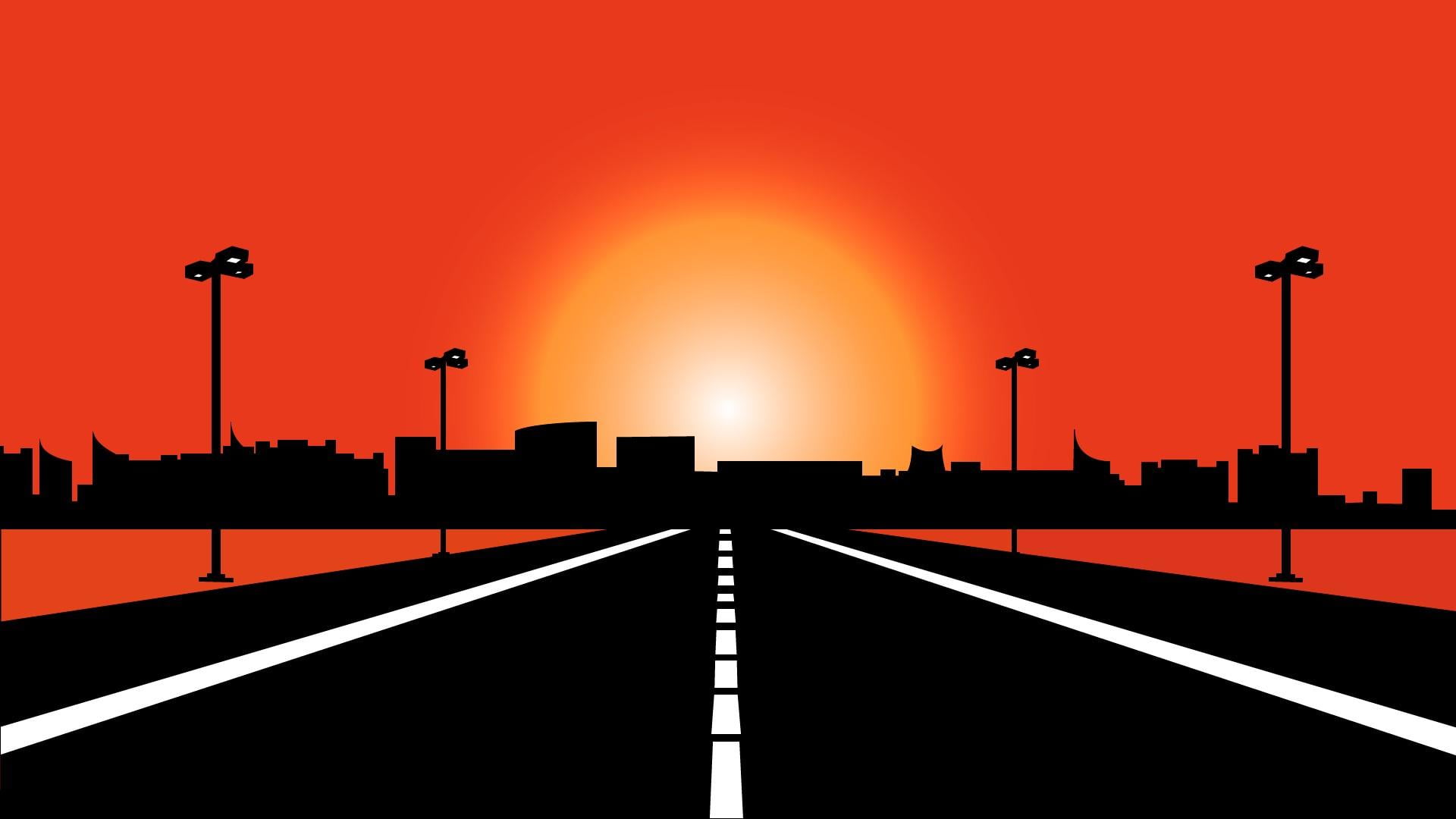 city, artwork, street light, silhouette, nature, direction, no people, road marking, minimalist, outdoors, symbol, street, orange color, art, sunset, asphalt, HD Wallpaper