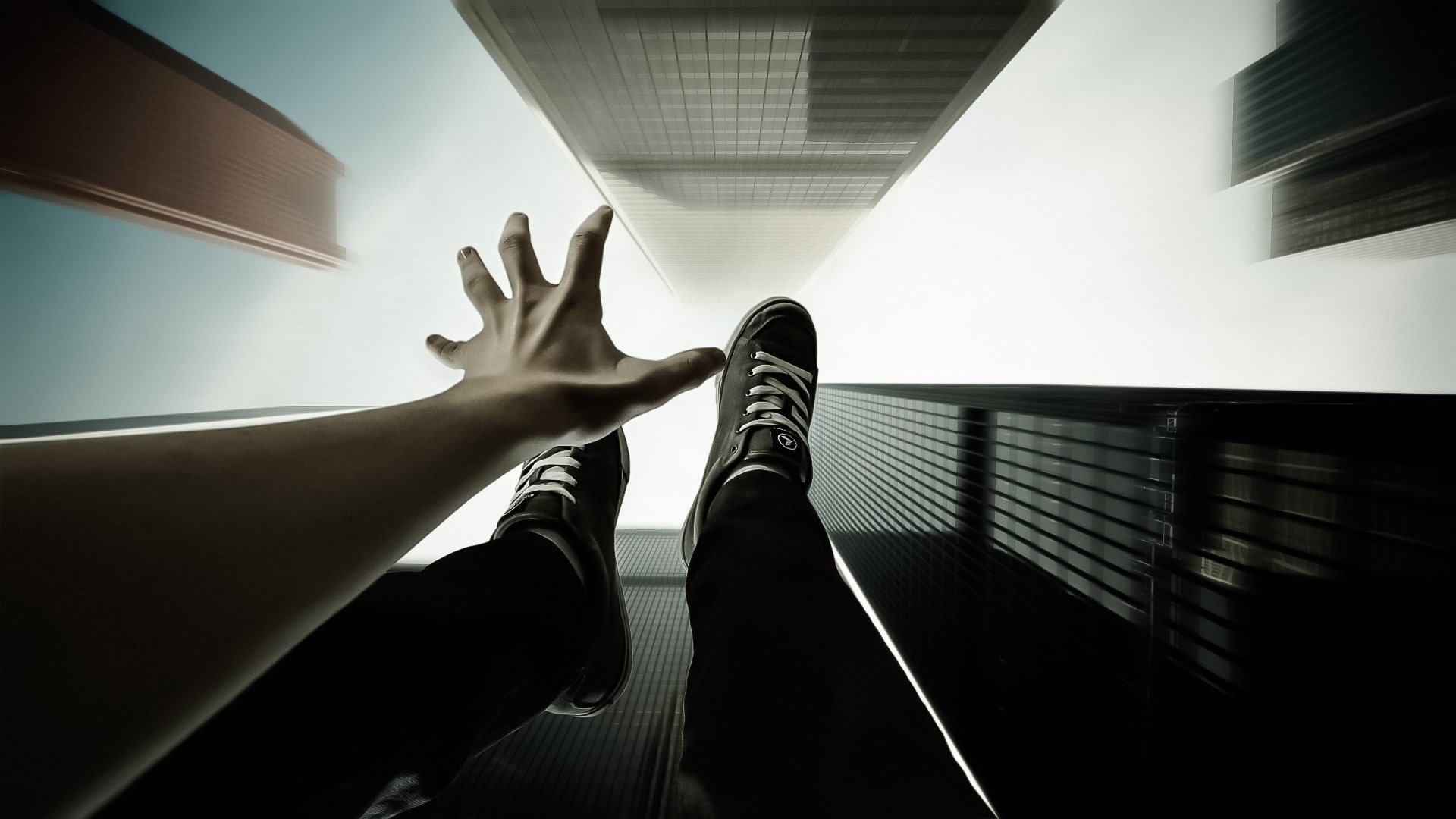 scared, sky, horror, buildings, frightened, fall, suicide, emotion, mood, 1080P, people, dark, HD Wallpaper
