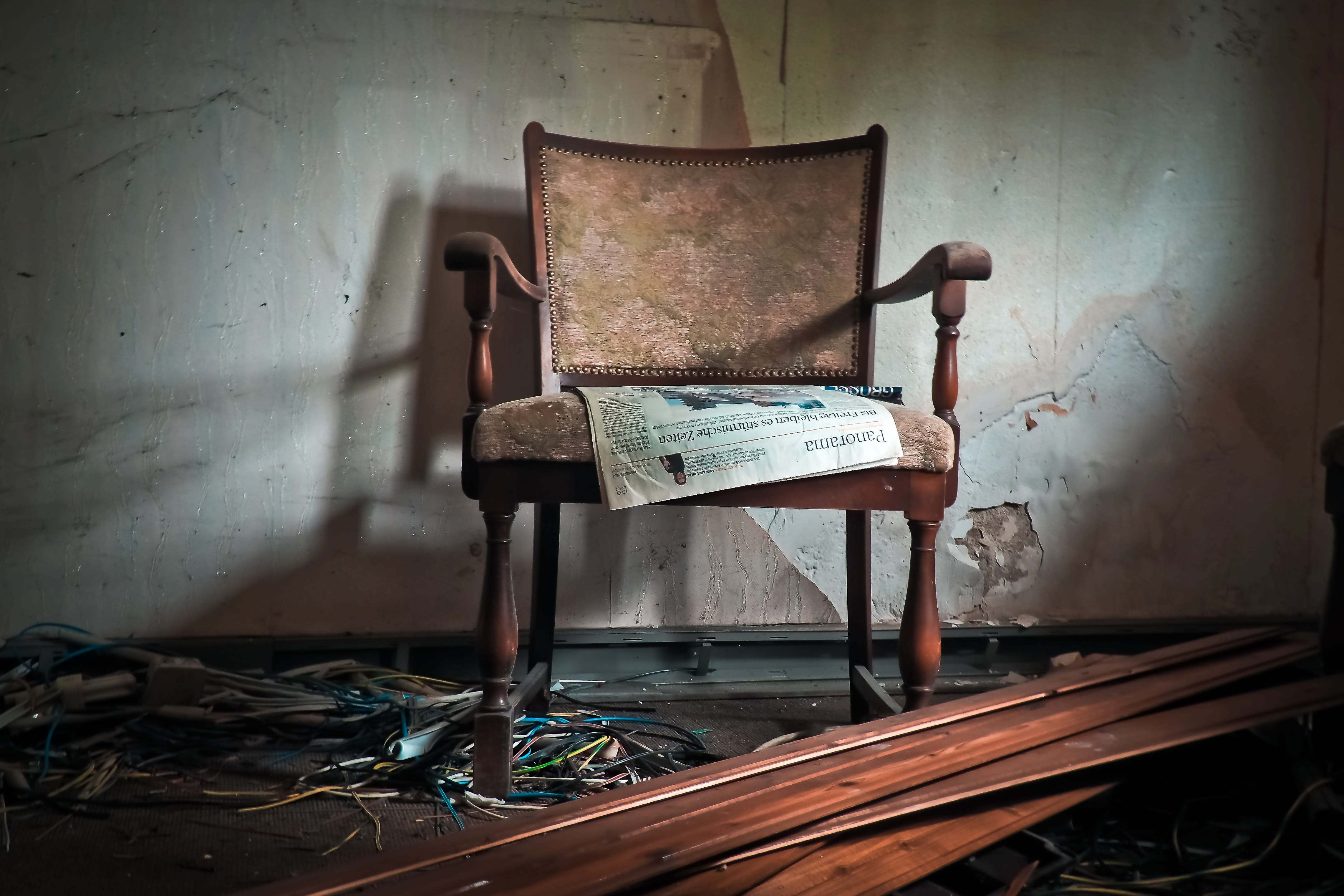 run-Down, wall - building feature, day, newspaper, broken, pforphoto, lapsed, messy, decay, darkness, weird, 4K, antique, armchair, dirty, frightening, HD Wallpaper