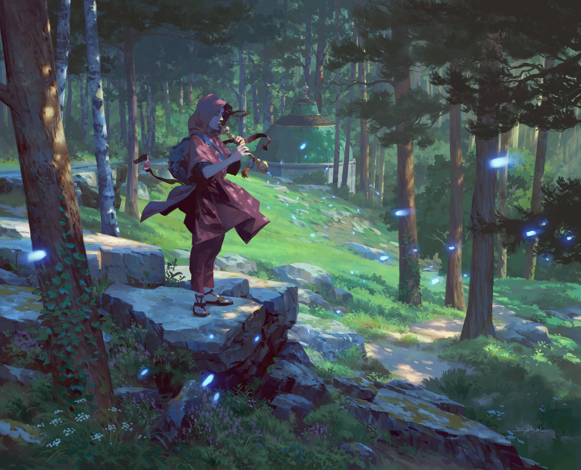 forest, trees, 1080P, digital art, spirits, grass, flute, environment, HD Wallpaper