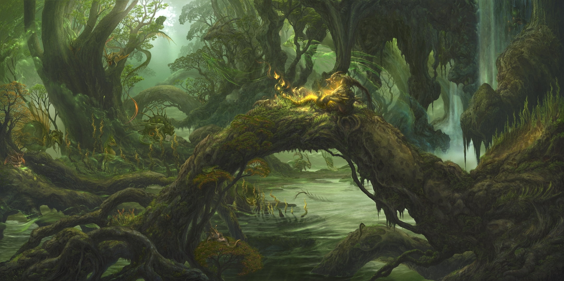 solid, dragons, spirit, if kazama uchio, outdoors, digital composite, tree trunk, water, forest, trunk, tranquility, growth, reflection, thicket, tranquil scene, HD Wallpaper