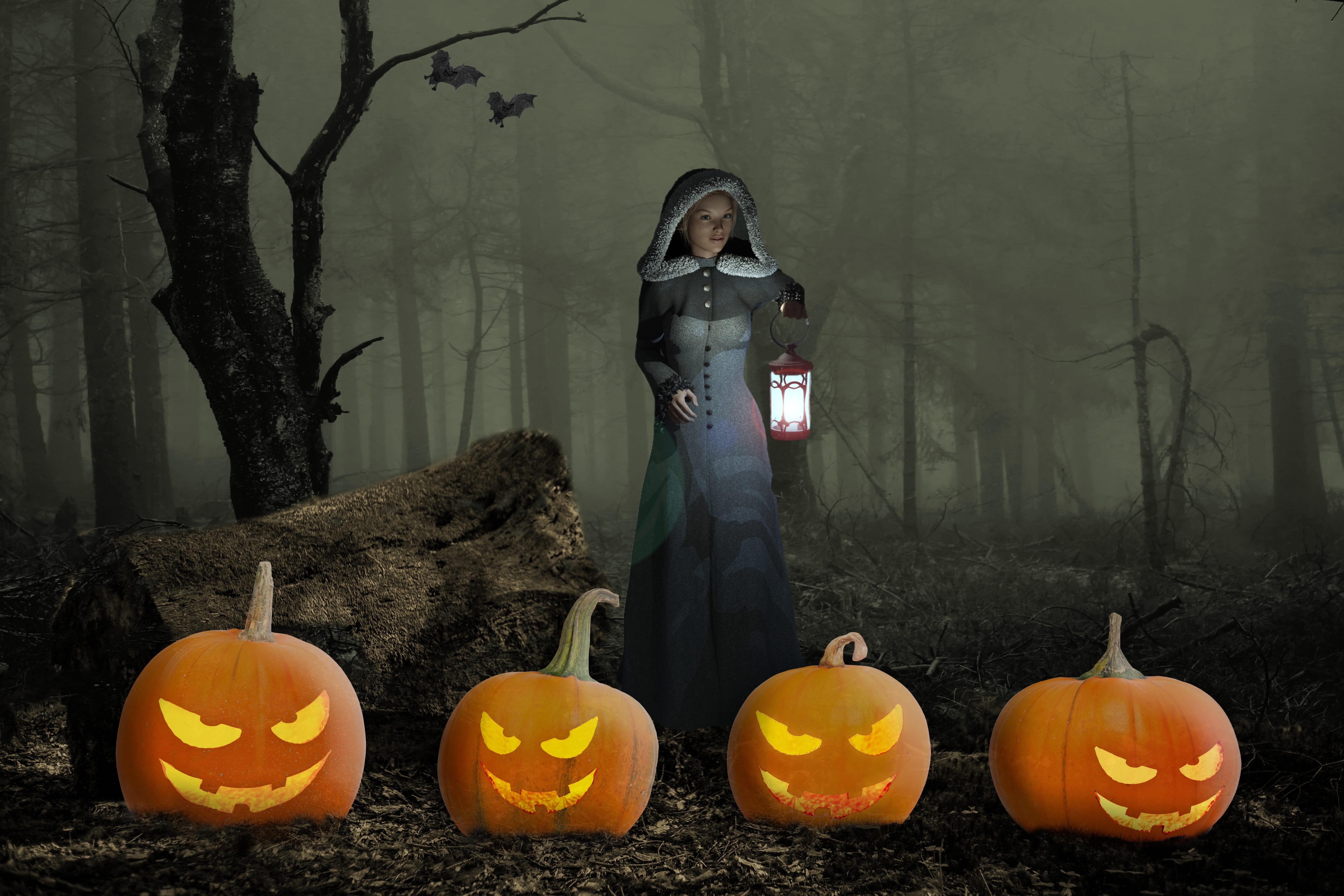 celebration, nature, fantasy, jack o lantern, faces, halloweenkuerbis, fun, gloomy, orange, creepy, autumn, outdoors, surreal, composing, forest, four, HD Wallpaper