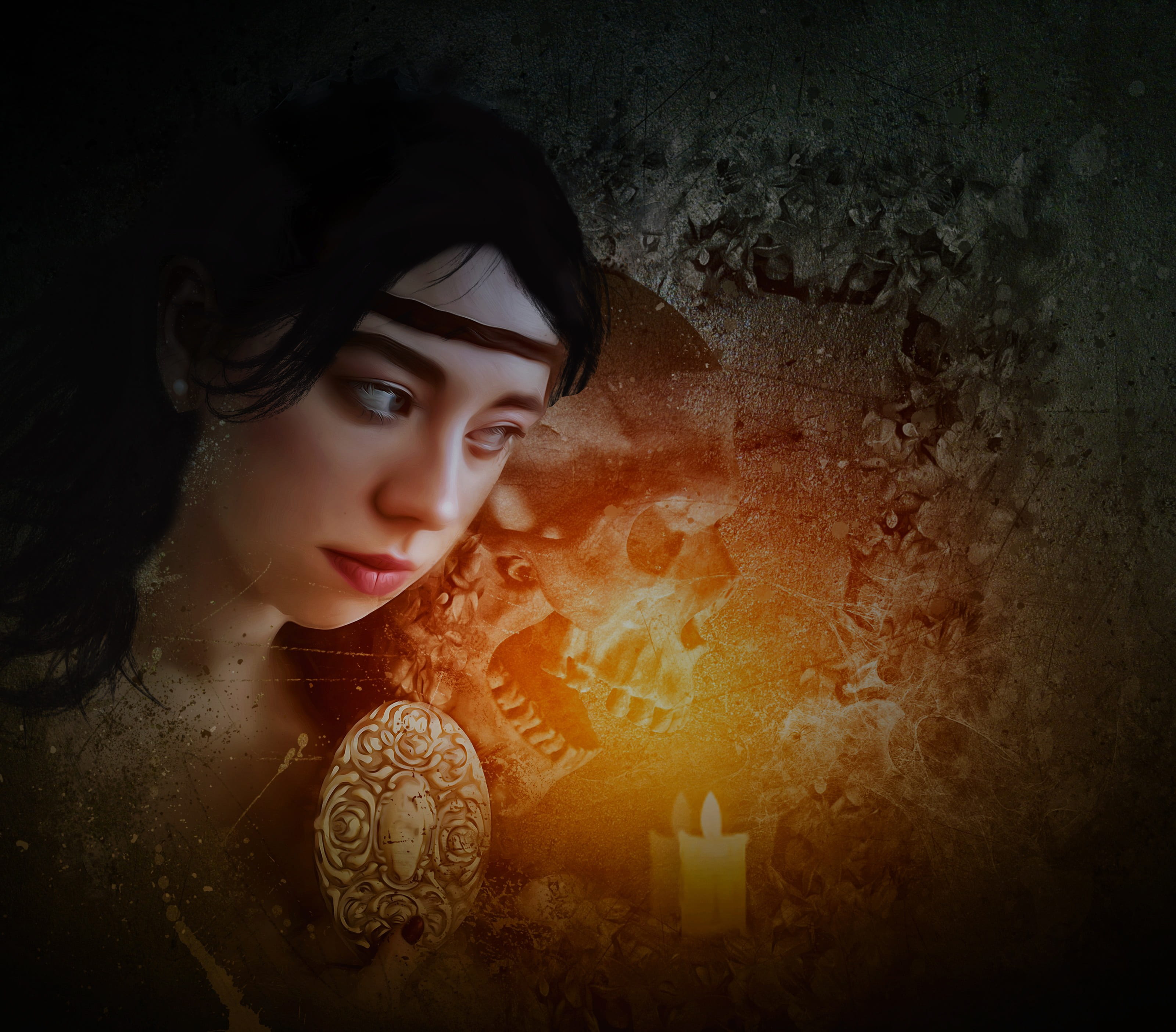 contemplation, horror, skull, one person, creepy, gothic, light, model, young, fashion, mirror, hair, clothing, fantasy portrait, beauty, dark, HD Wallpaper
