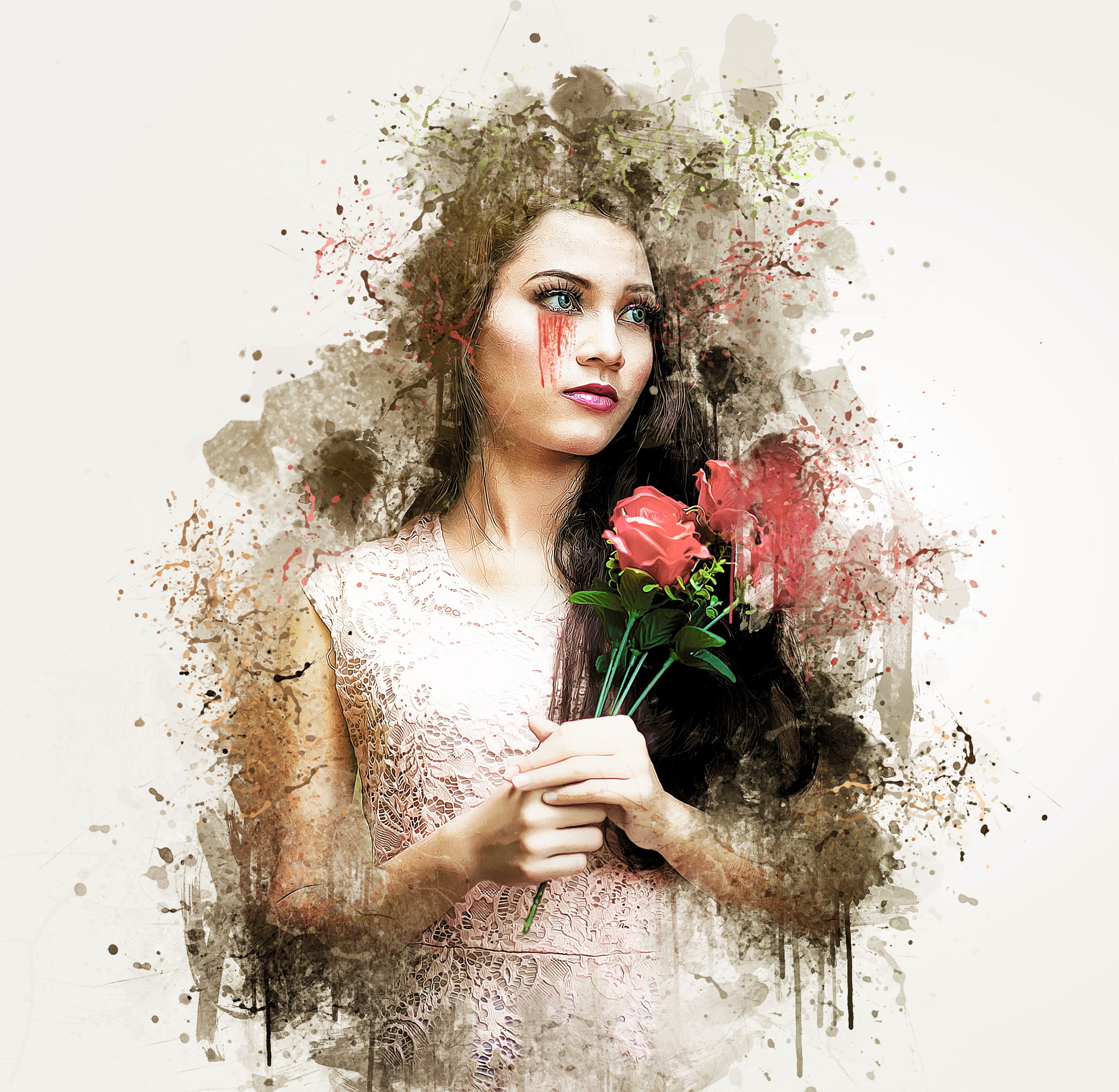 looking at camera, design, tears, young adult, plant, hair, 2K, beauty, one person, dispersion, fashion, female, ink, digital composite, portrait, studio shot, HD Wallpaper