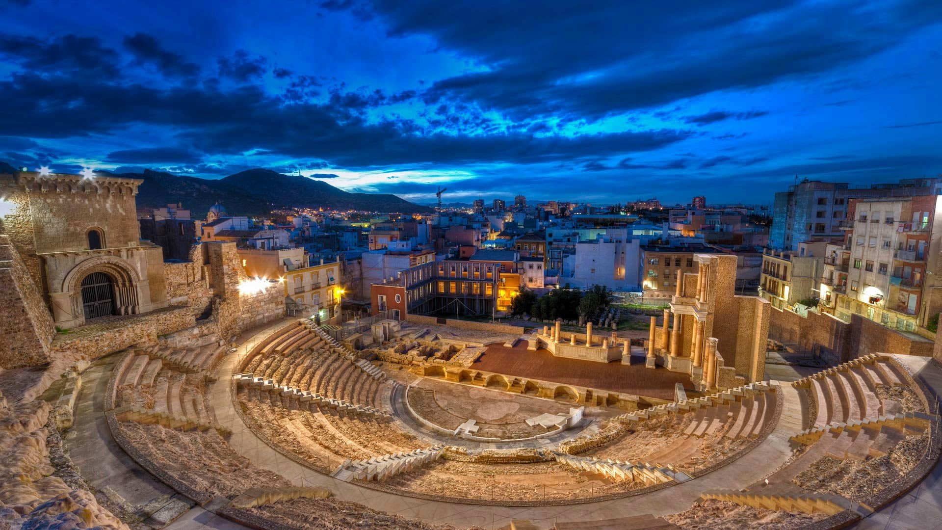 Cartagena, Spain, ruins, Roman theatre, night, 1080P, clouds, lights, home, HD Wallpaper