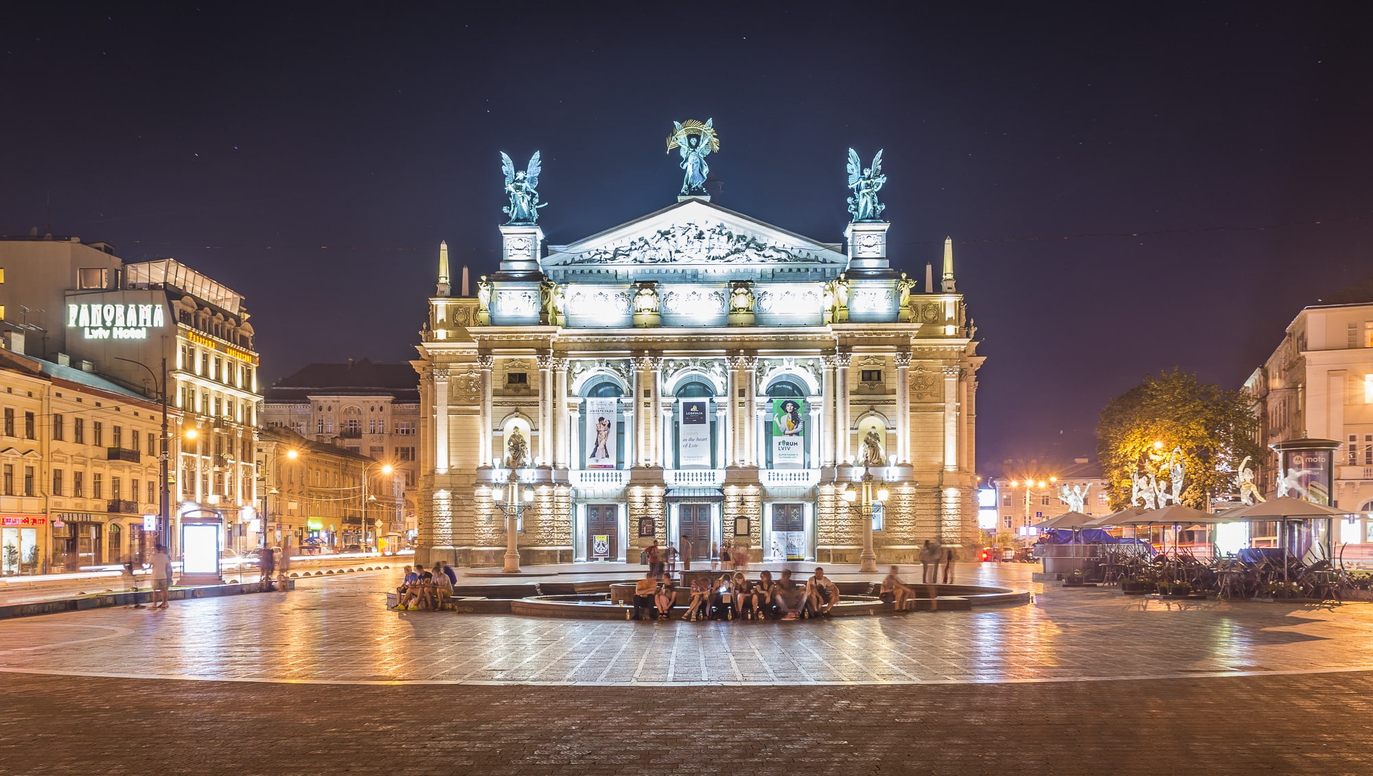street, the evening, 1080P, lights, fountain, Lviv theatre of Opera and ballet, Lions, Ukraine, HD Wallpaper