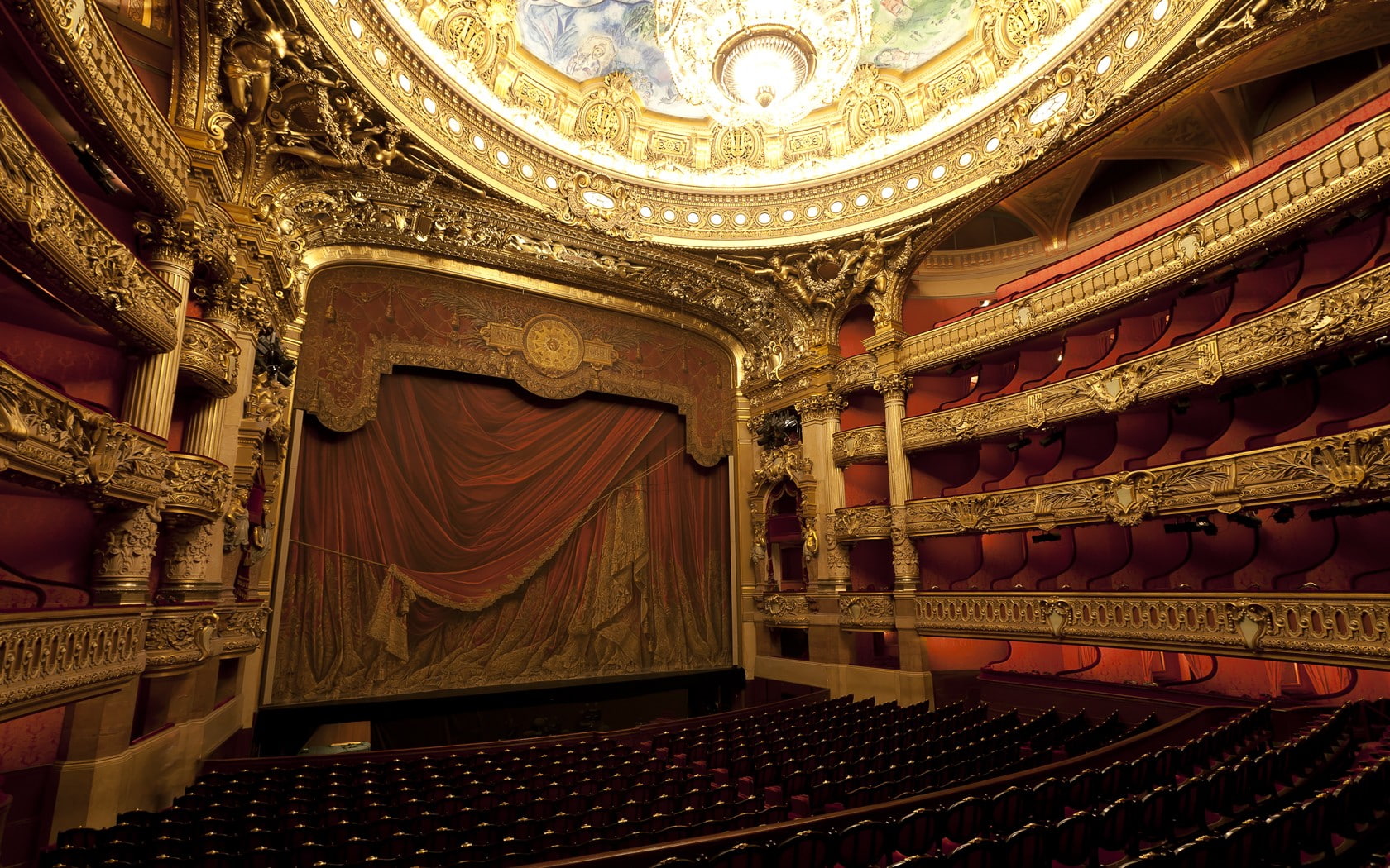 lighting equipment, low angle view, indoors, auditorium, stage, stage theater, gold colored, carving, built structure, ornate, antique, no people, 720P, HD Wallpaper