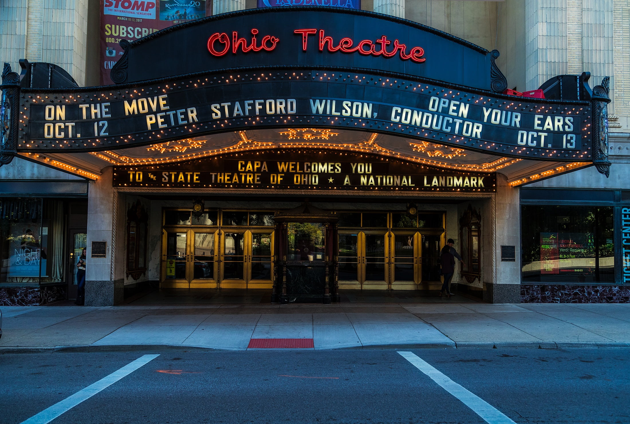 ohio theatre, marquee, historic, text, outdoors, downtown, road, road marking, urban, movies, travel destinations, columbus, front, lights, symbol, guidance, HD Wallpaper