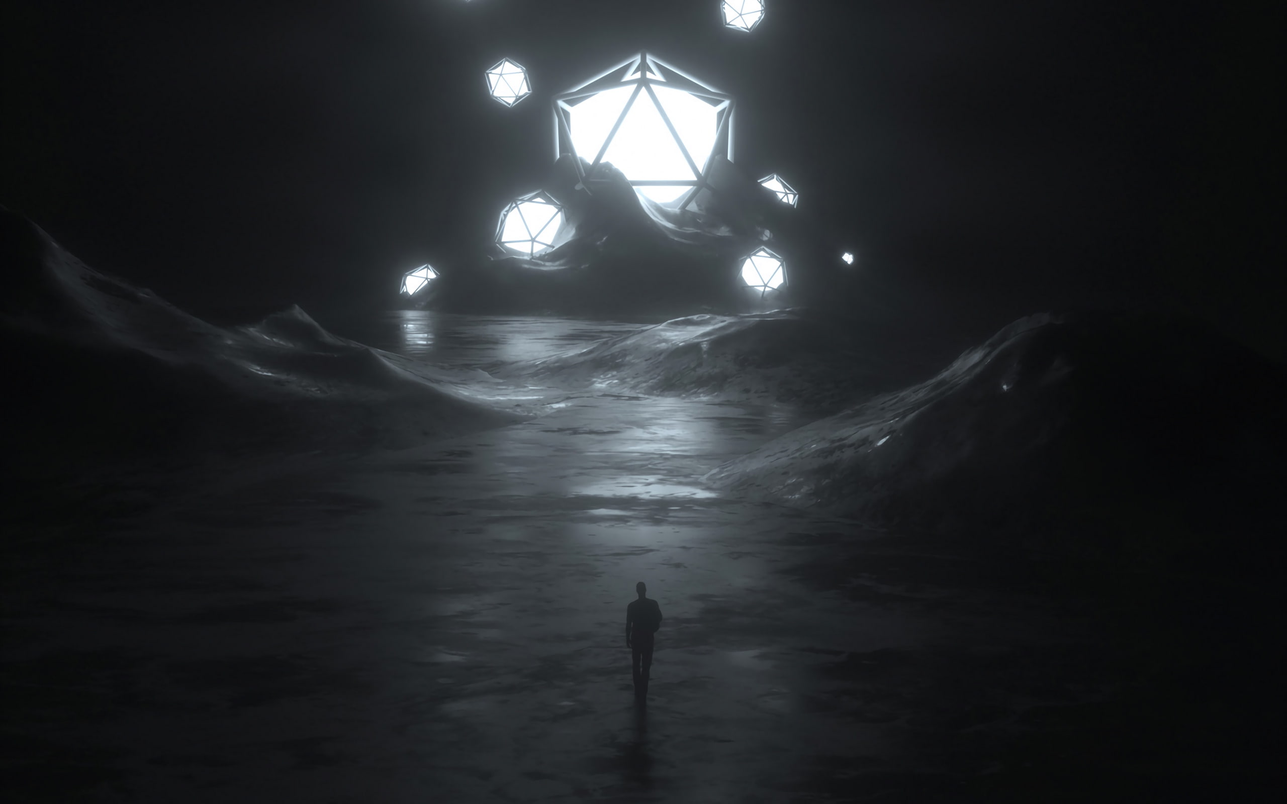 2K, polyhedrons, silhouette, monochrome, alone, HD Wallpaper