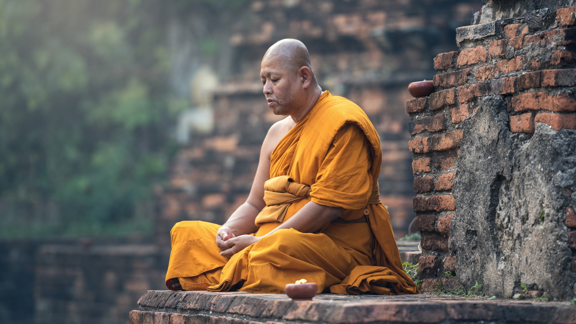 yellow dress, photography, bald head, Buddhism, bald, bricks, monastery, sitting, meditation, men, depth of field, 1080P, closed eyes, monks, outdoors, HD Wallpaper