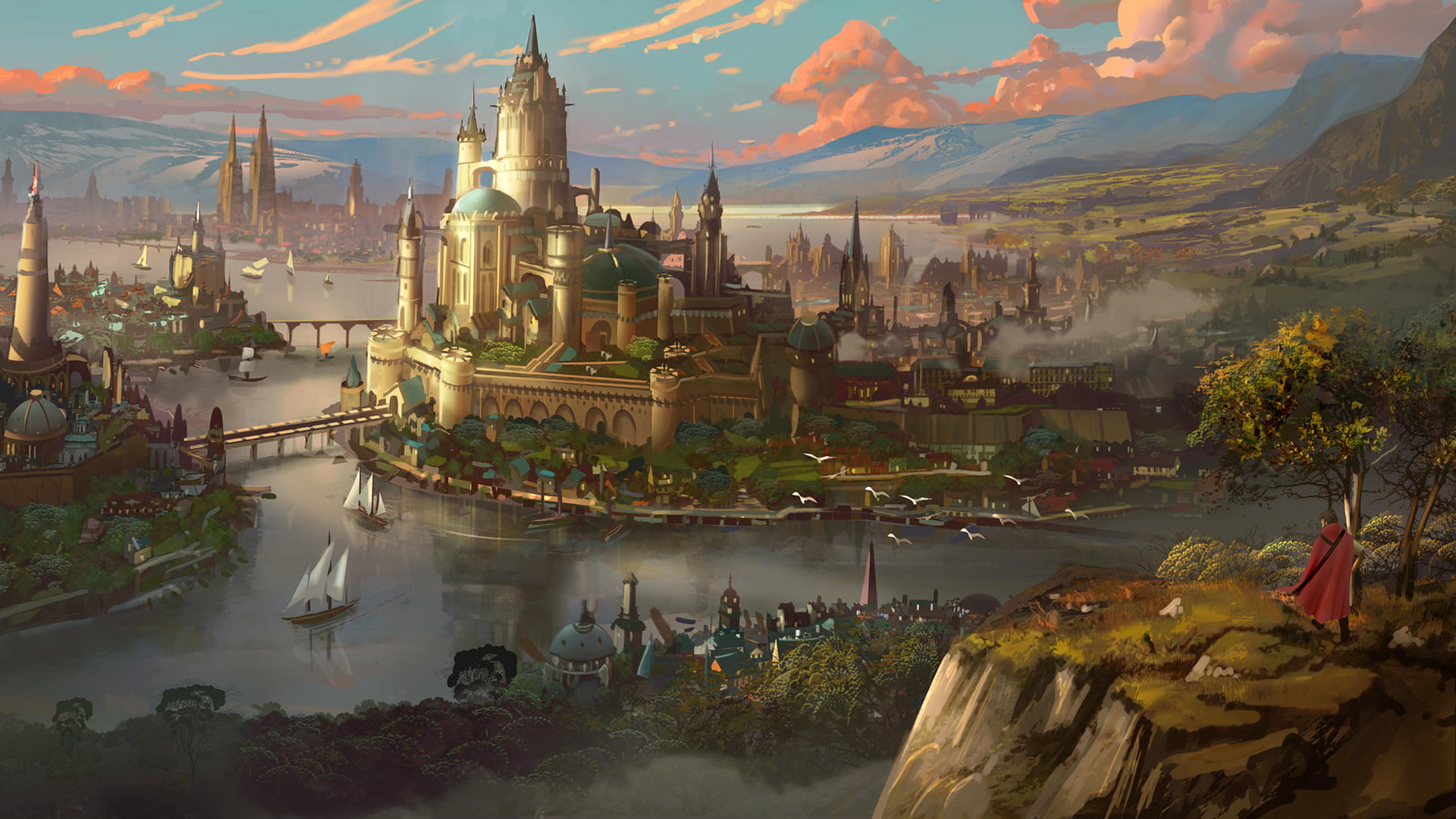 landscape, digital art, standing, alone, Wanderers, river, fantasy city, artwork, Fantasy Architecture, 1080P, birds, Tyler Edlin, cityscape, ship, HD Wallpaper