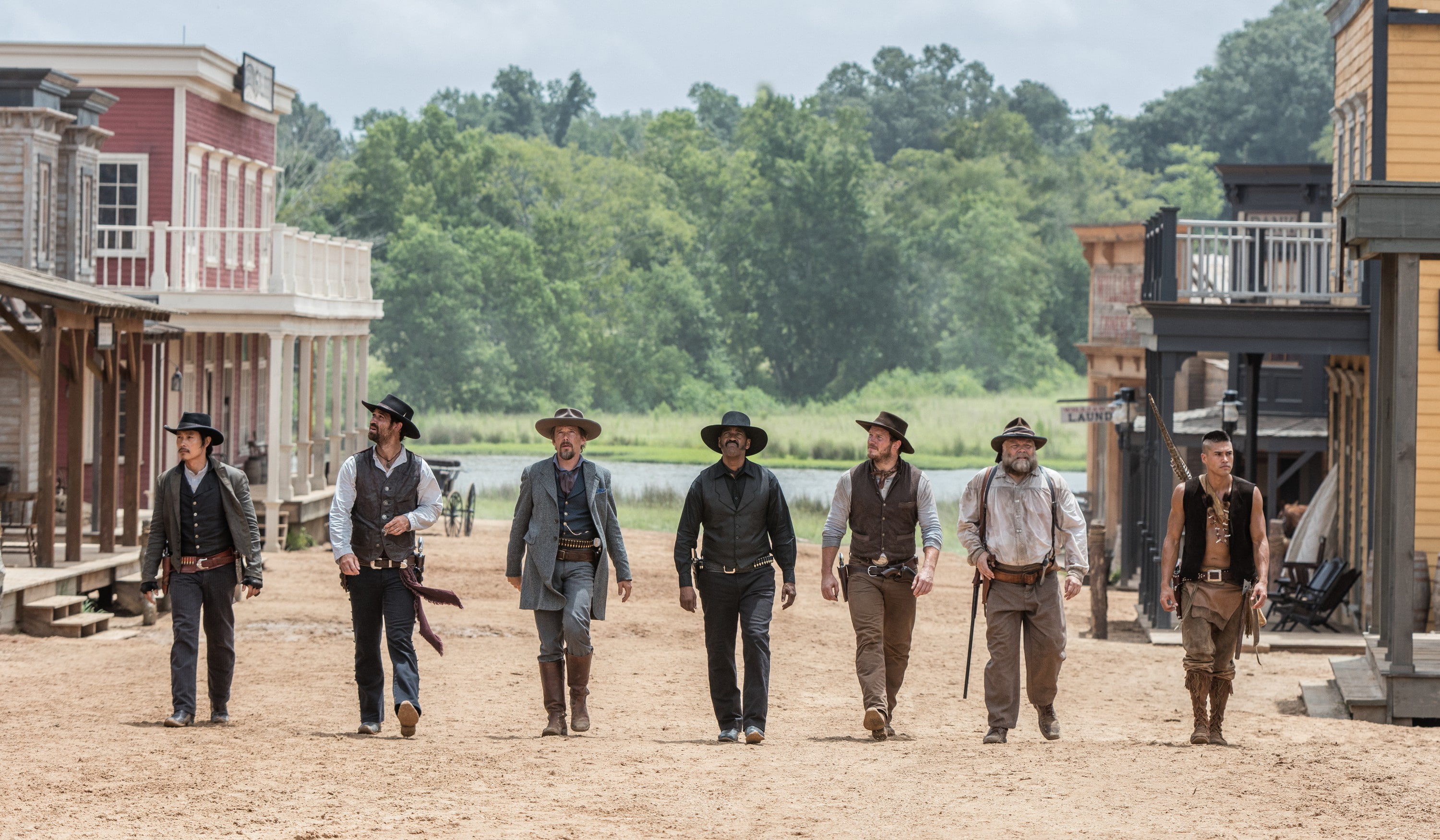 cowboys, Western, Lee Byung-hun, forest, weapons, Manuel Rulfo, river, 2K, Indian, The Magnificent Seven, Denzel Washington, hats, town, Martin Sensmeier, HD Wallpaper