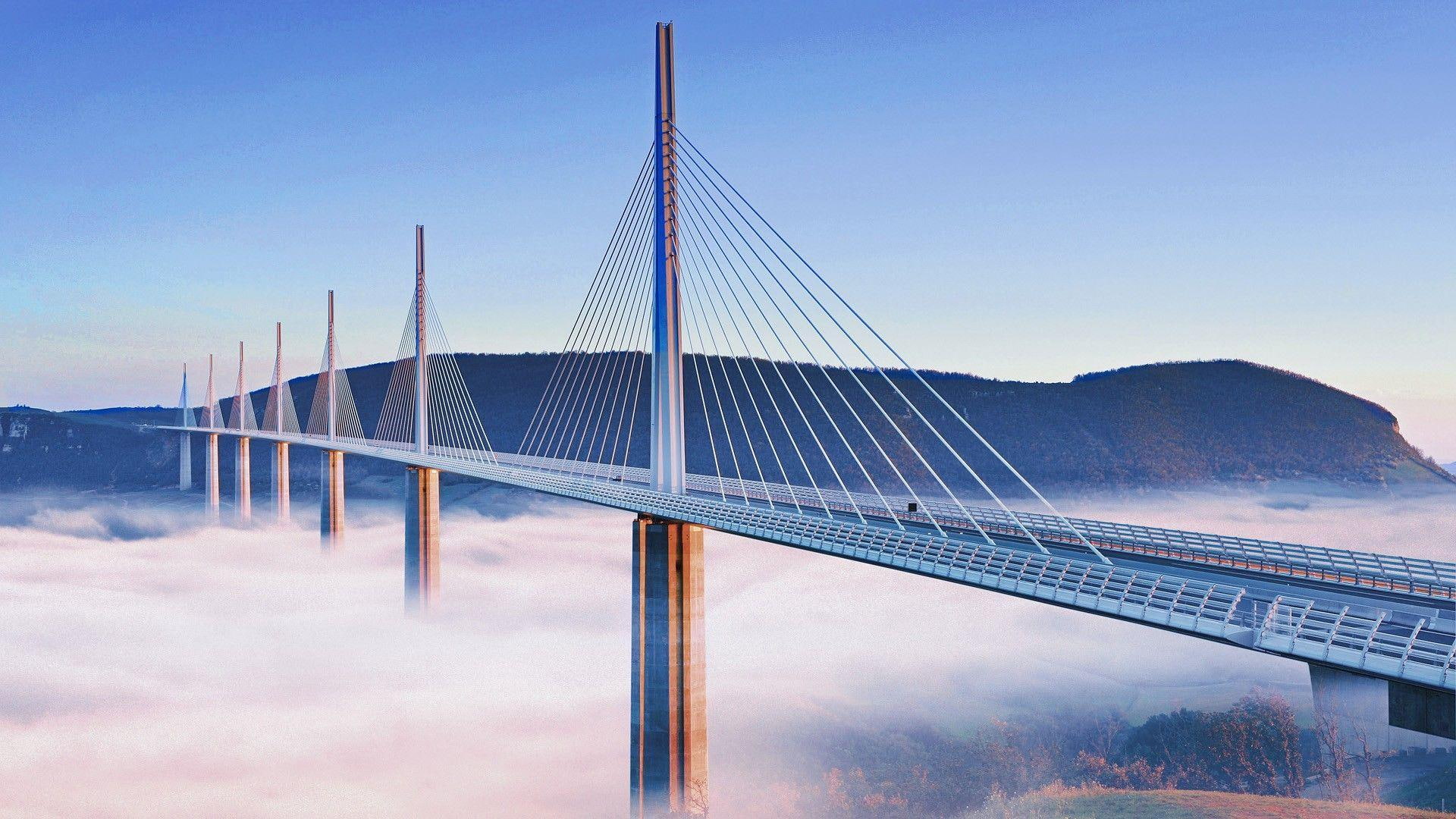 france, modern, millau, fog, nature and landscapes, magnificent, bridge, 1080P, mountain, terabithia, skyline, HD Wallpaper