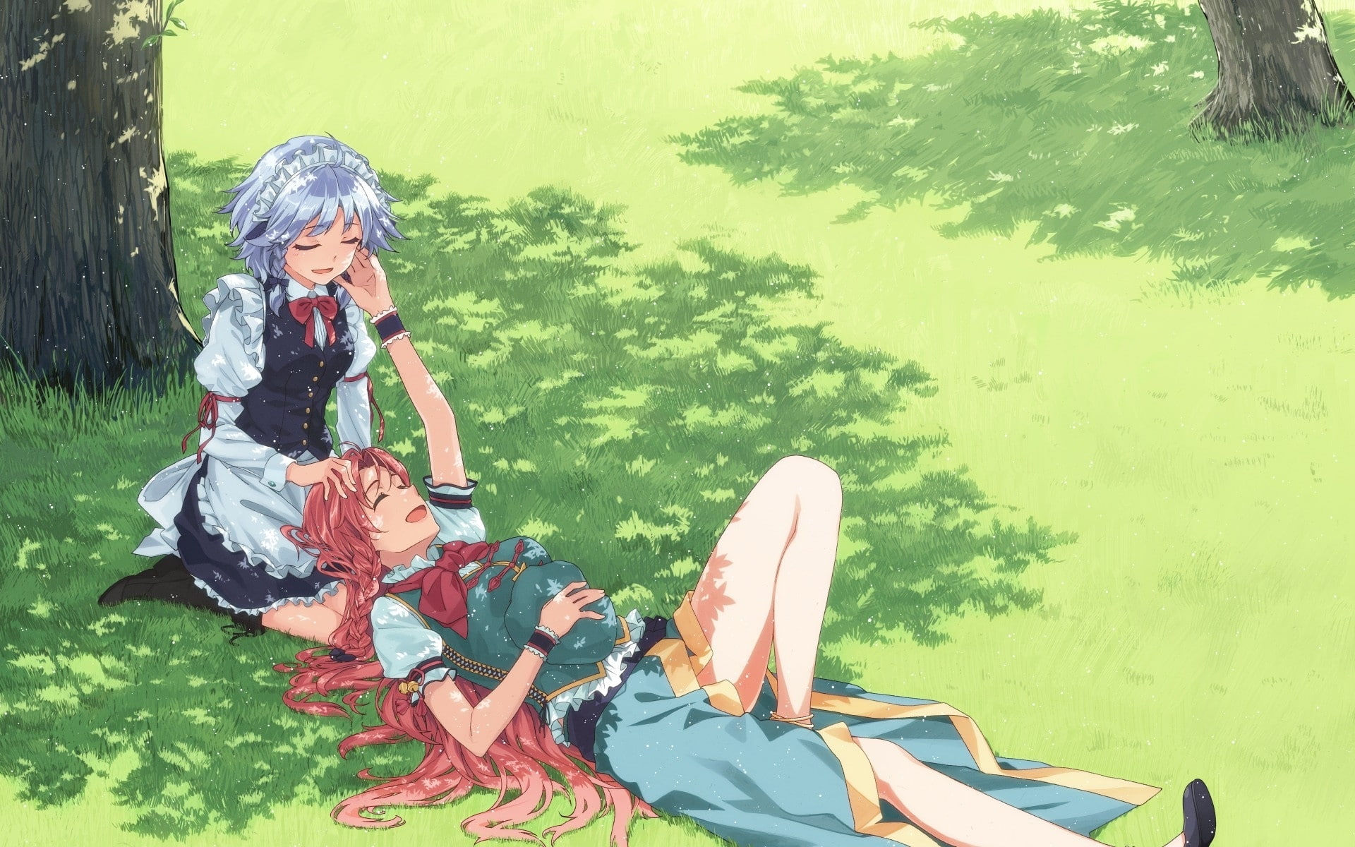 maid, anime girls, lying down, grass, 1080P, Anime, HD Wallpaper