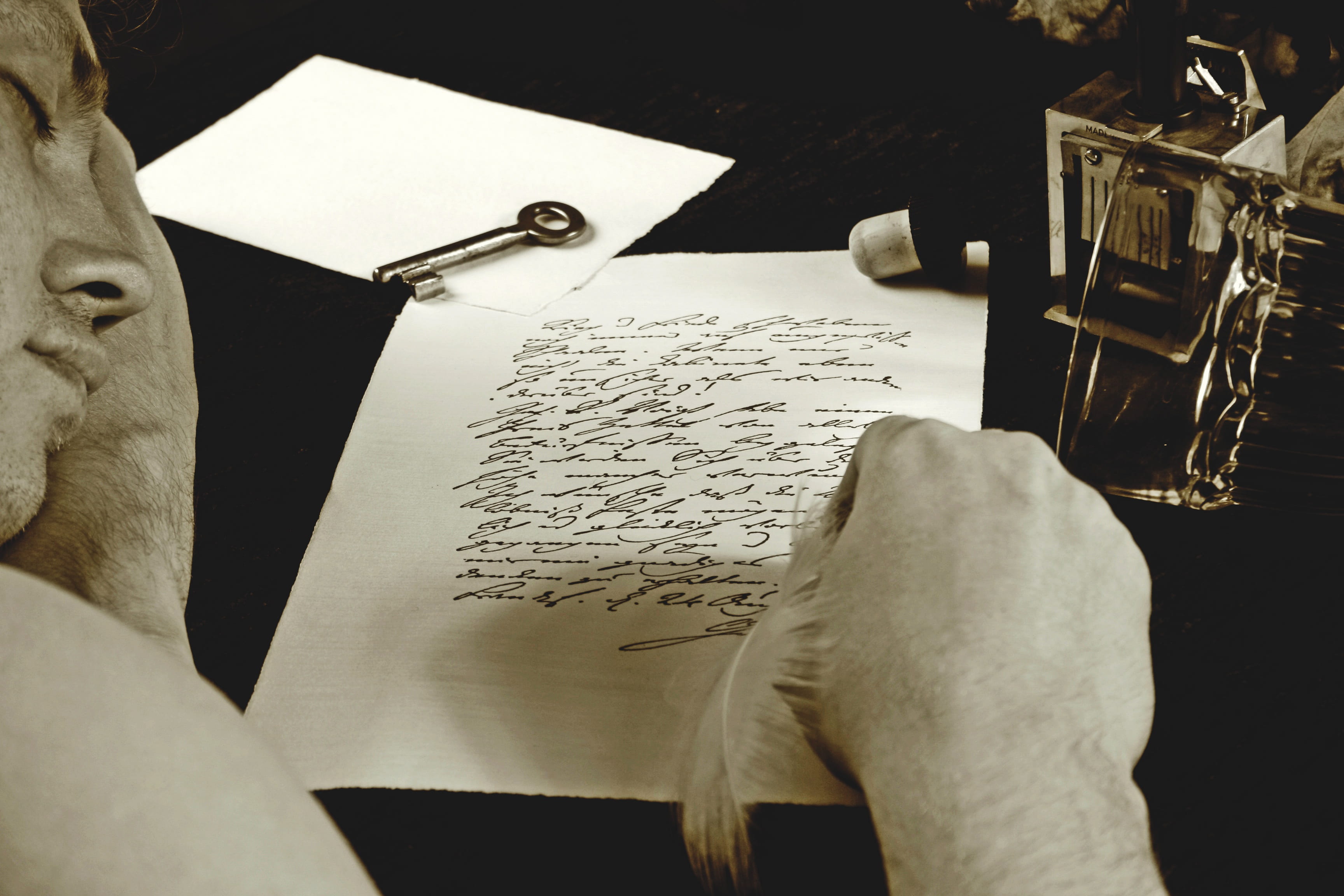 human hand, poet, 2K, document, paper, fountain pen, letters, book, close-up, man, writing, leave, one person, drink, hand, tired of living, poem, pen, HD Wallpaper