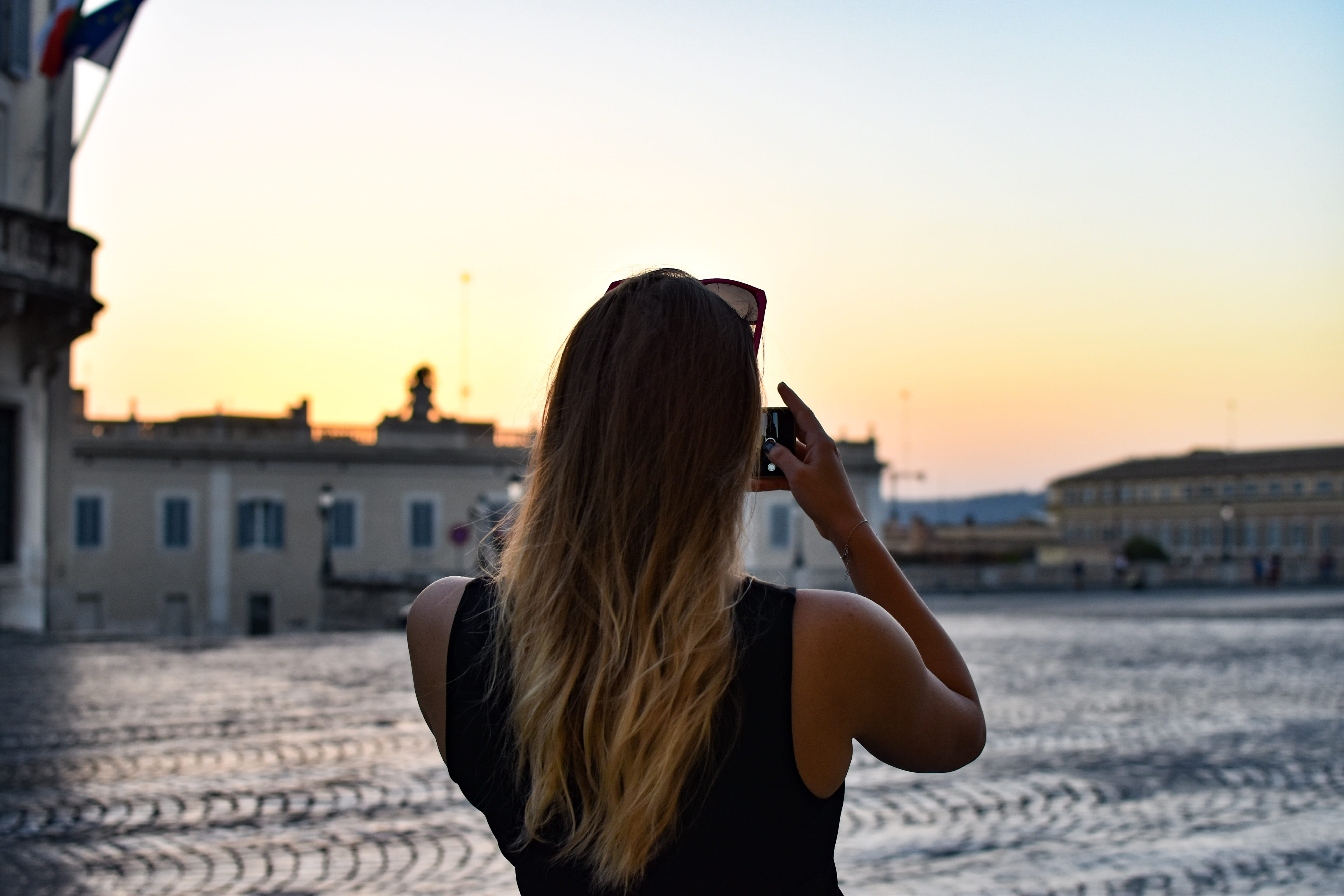 photography themes, poetic, outdoors, photo, person, wireless technology, technology, woman, europe, rear view, roma, girl, 4K, sunset, architecture, lifestyles, HD Wallpaper
