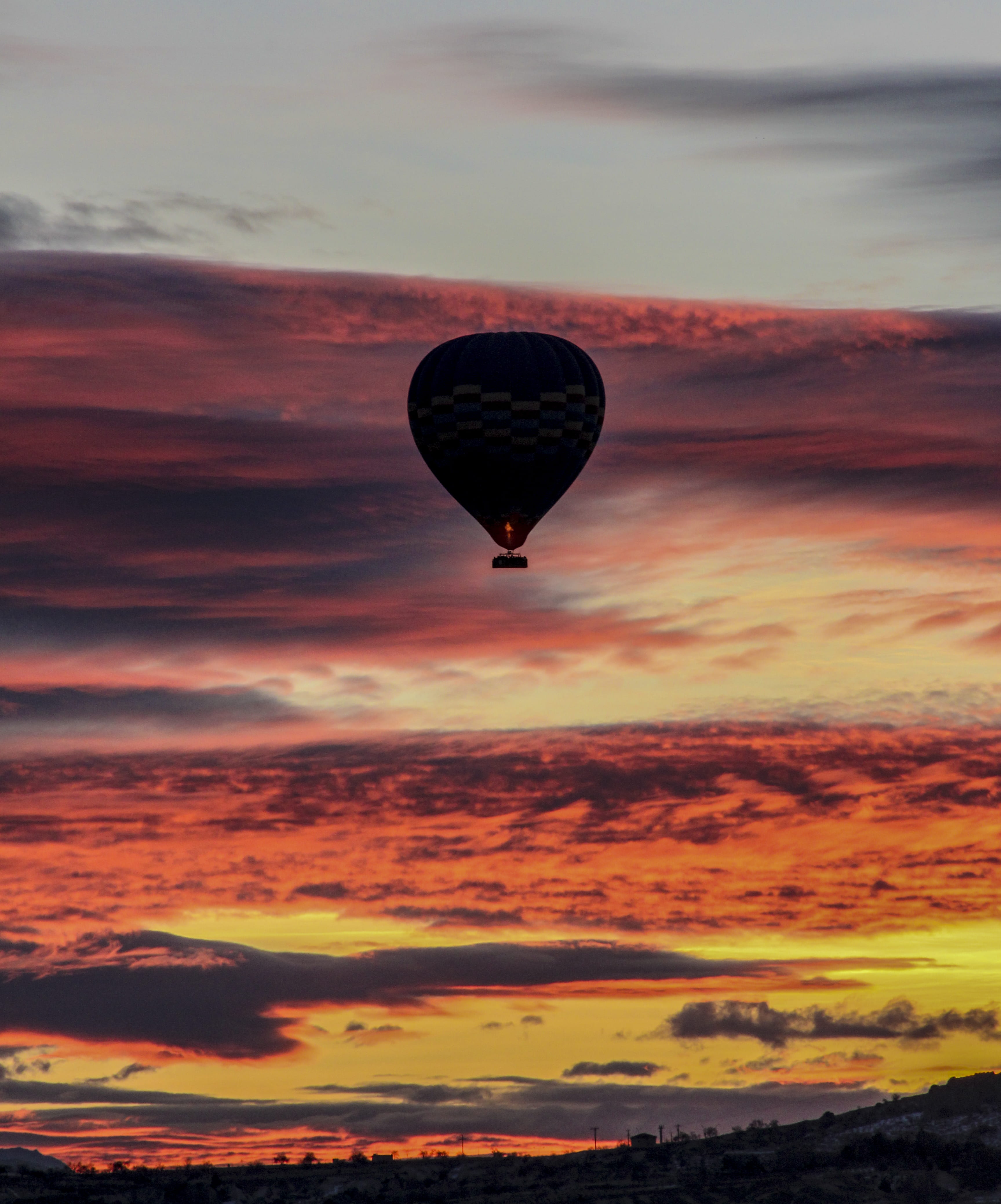 travel, mid-air, silhouette, cloud - sky, air vehicle, scenics - nature, outdoors, 4K, flying, balloon, adventure, transportation, tranquil scene, hot air balloon, Phone HD Wallpaper