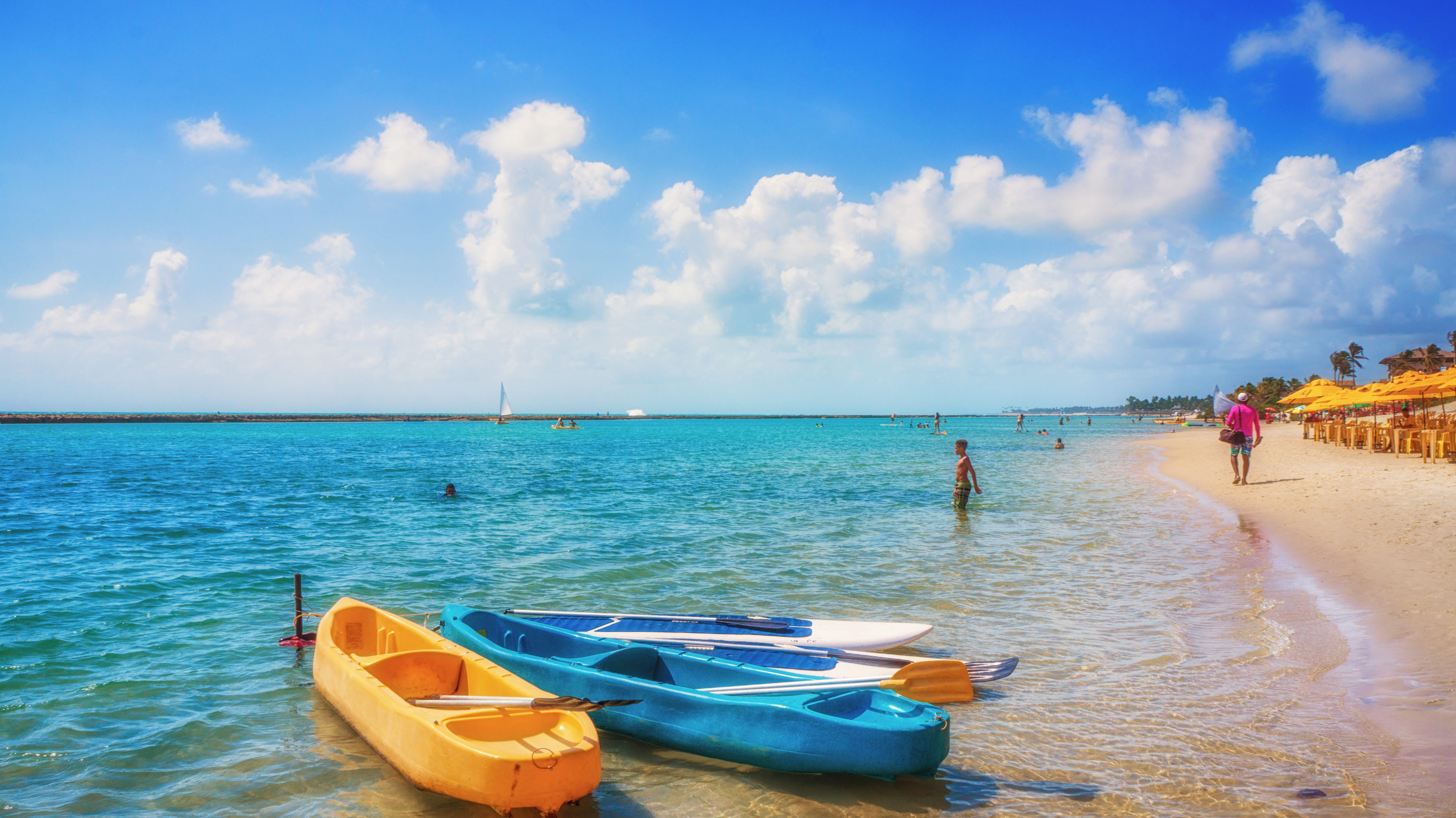 waves, summer, reef, outdoors, blue, 5K, tranquility, agua, sea, Yellow, tropical Climate, scenario, paddle, stones, scenics, travel Locations, sol, ipojuca, HD Wallpaper