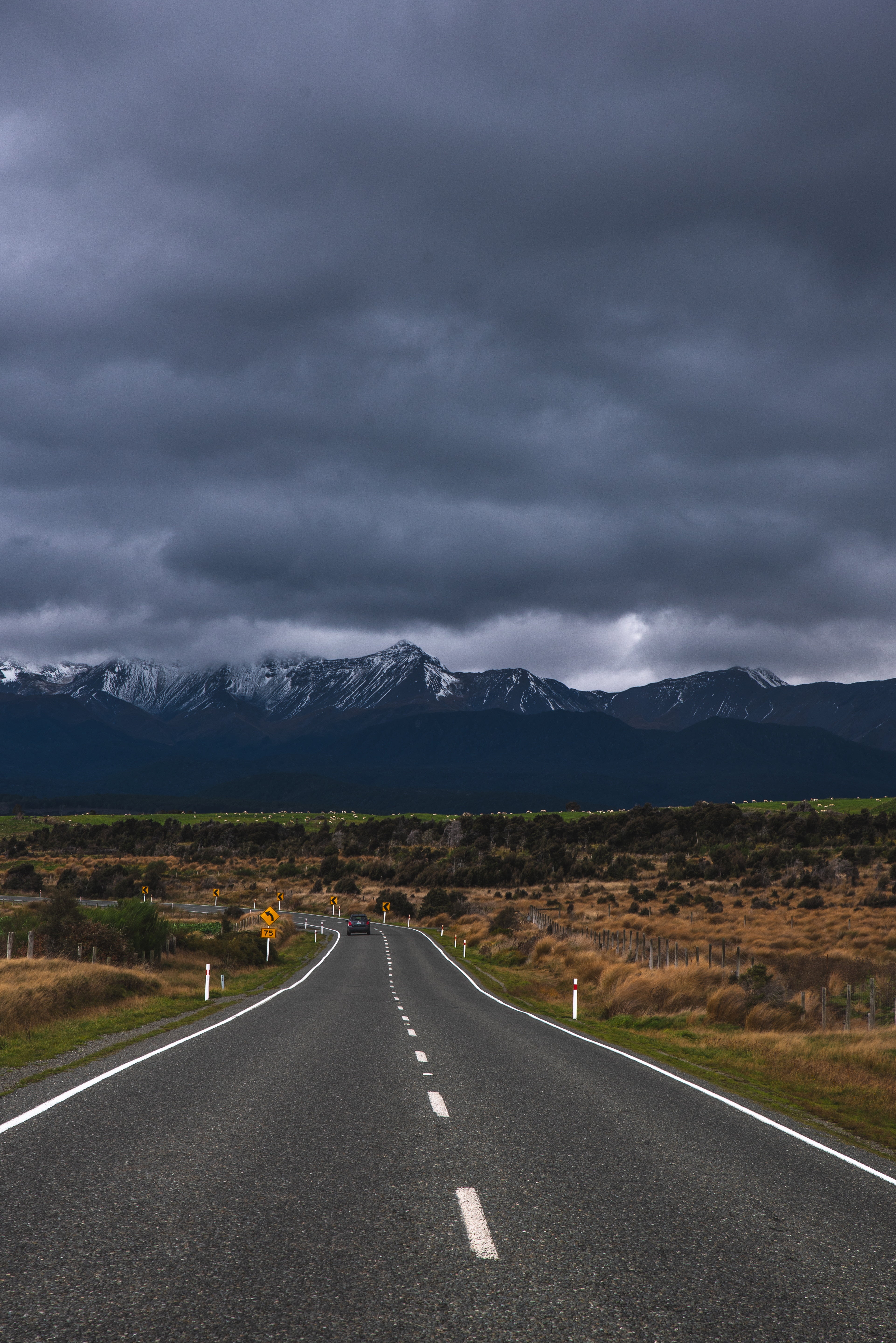 symbol, sky, tranquil scene, te anau, new zealand, overcast, environment, beauty in nature, direction, diminishing perspective, landscape, scenics - nature, Phone HD Wallpaper