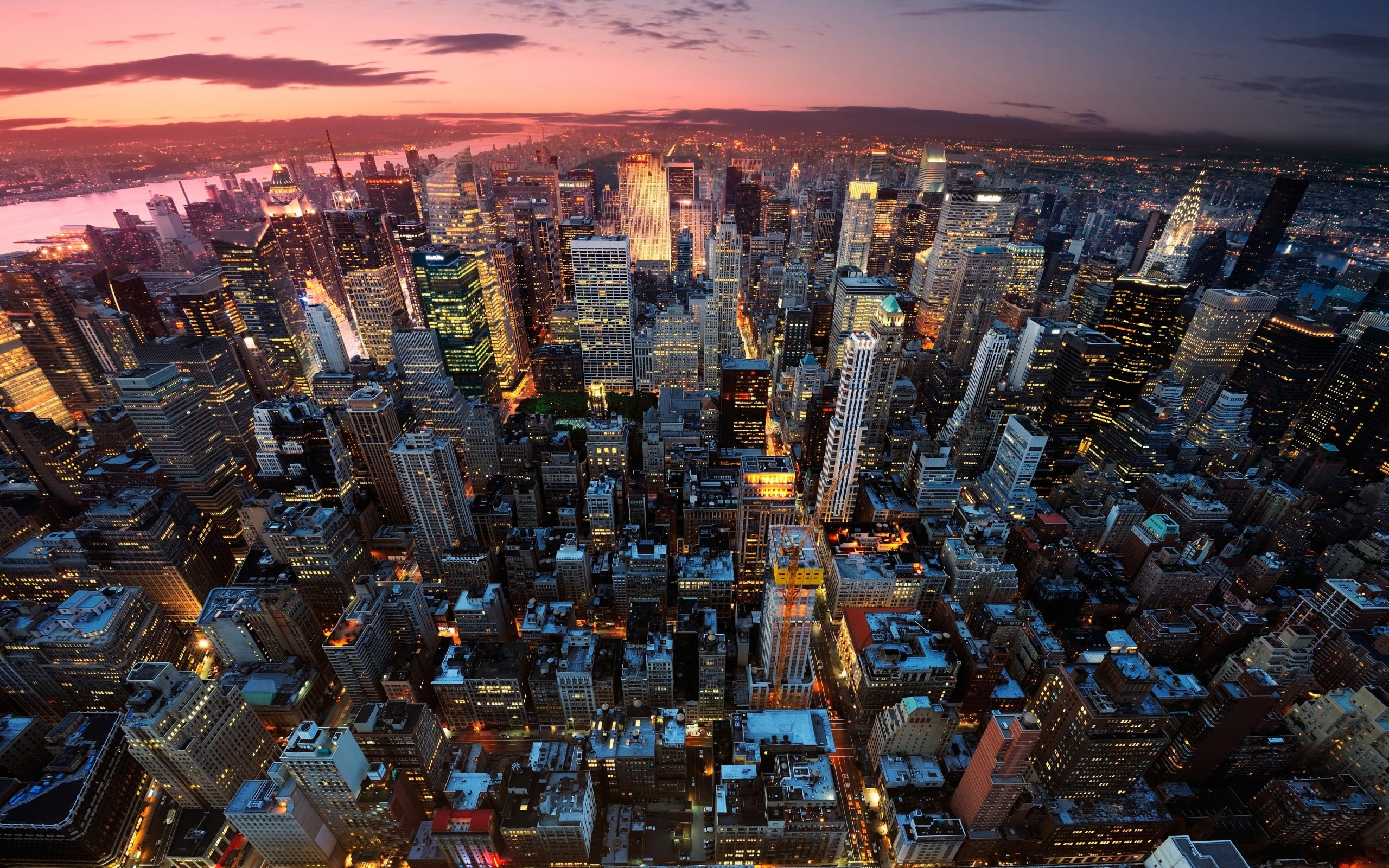 City, cityscape, 2K, newyork, buildings, sunset, lights, bird view, manhattan, HD Wallpaper
