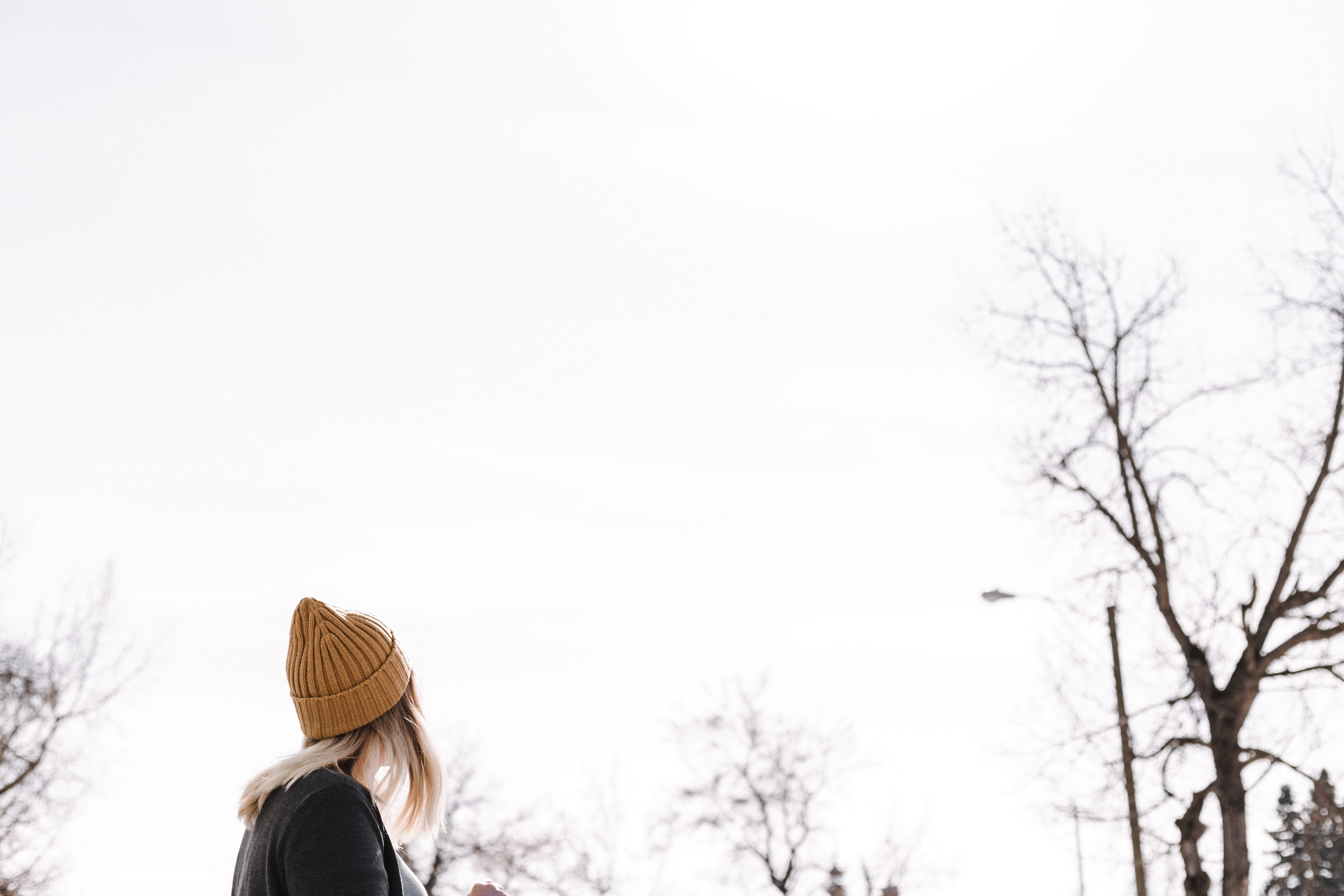 desire, women, person, woman, hair, leisure activity, wander, scarf, neutral, plant, explore, outdoors, warm clothing, beanie, knit hat, empty, tree, contemplation, HD Wallpaper