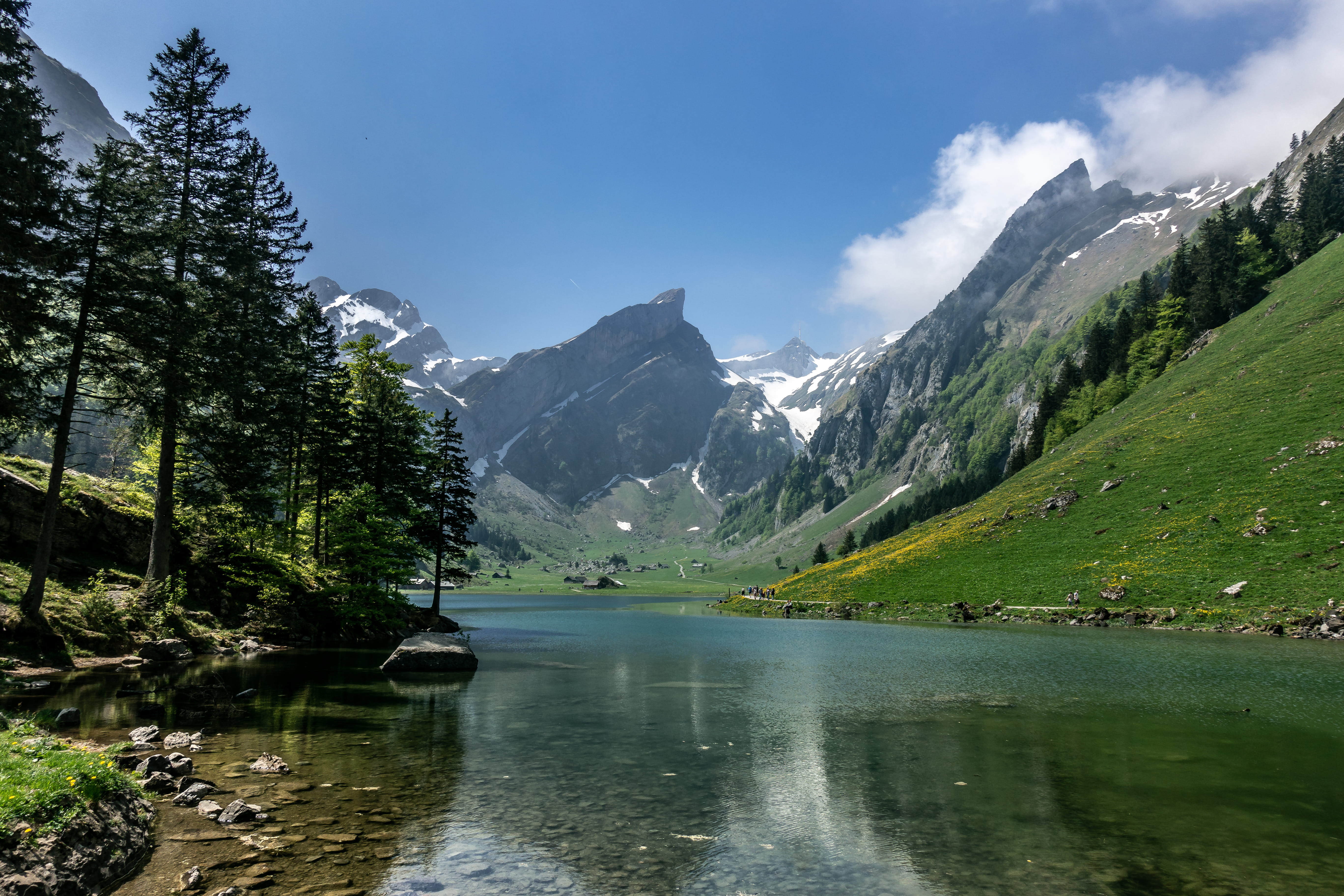 snowcapped mountain, non-urban scene, mountain peak, mountain, plant, idyllic, lake, dom, sky, scenics - nature, hiking, seealpsee, snow, formation, säntis, HD Wallpaper