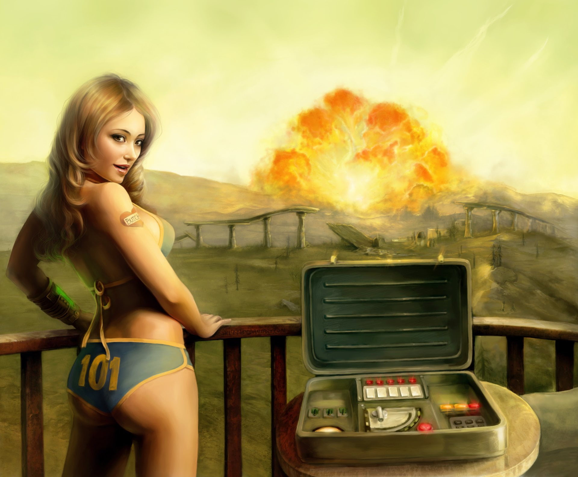 clothing, hairstyle, flame, Fallout, fire - natural phenomenon, burning, women, nature, warning sign, smoke - physical structure, beauty, hair, communication, HD Wallpaper