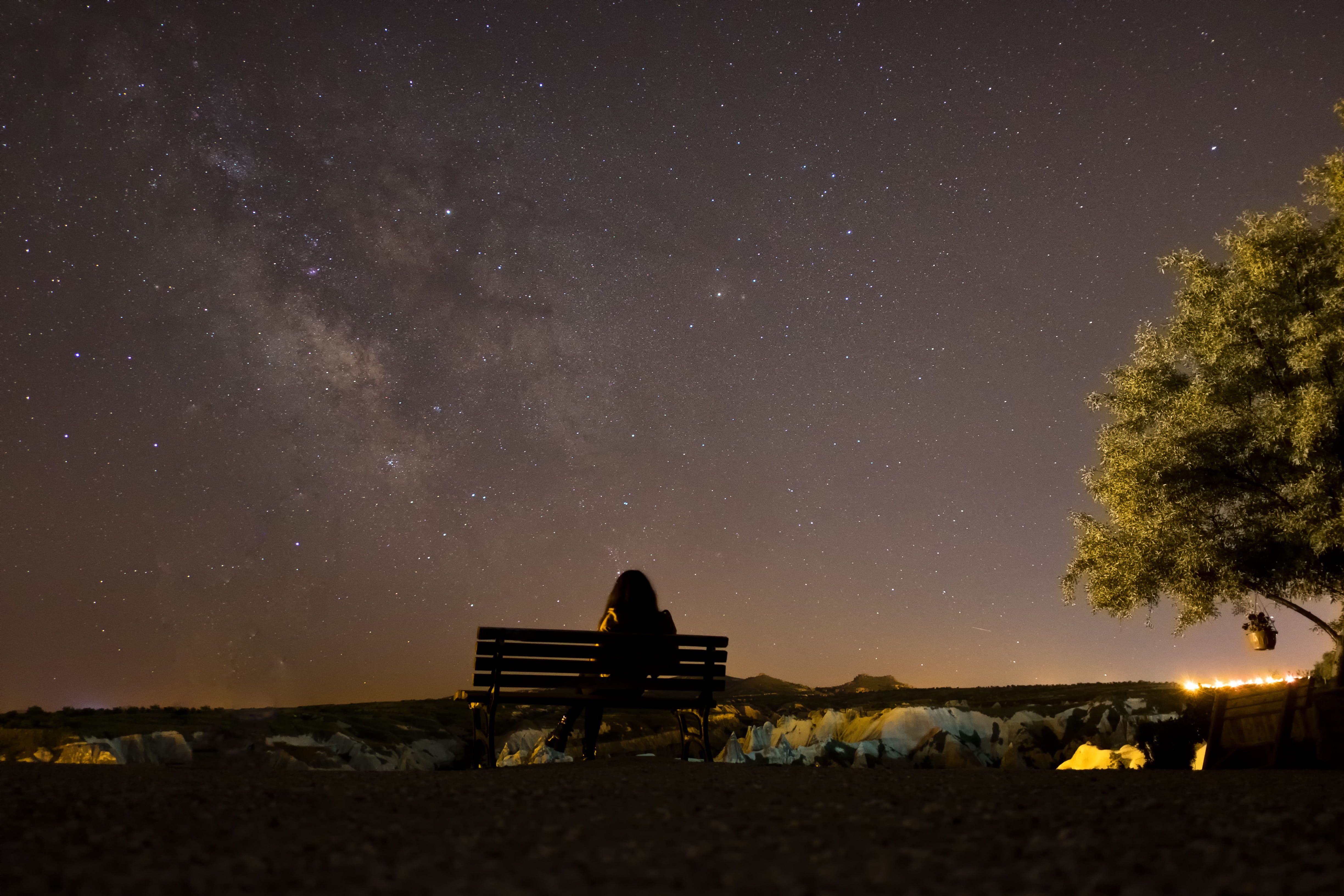 outdoors, plant, land, 4K, tree, bench, night sky, dark, star field, built structure, person, tranquil scene, nature, night, sunset, scenics - nature, HD Wallpaper