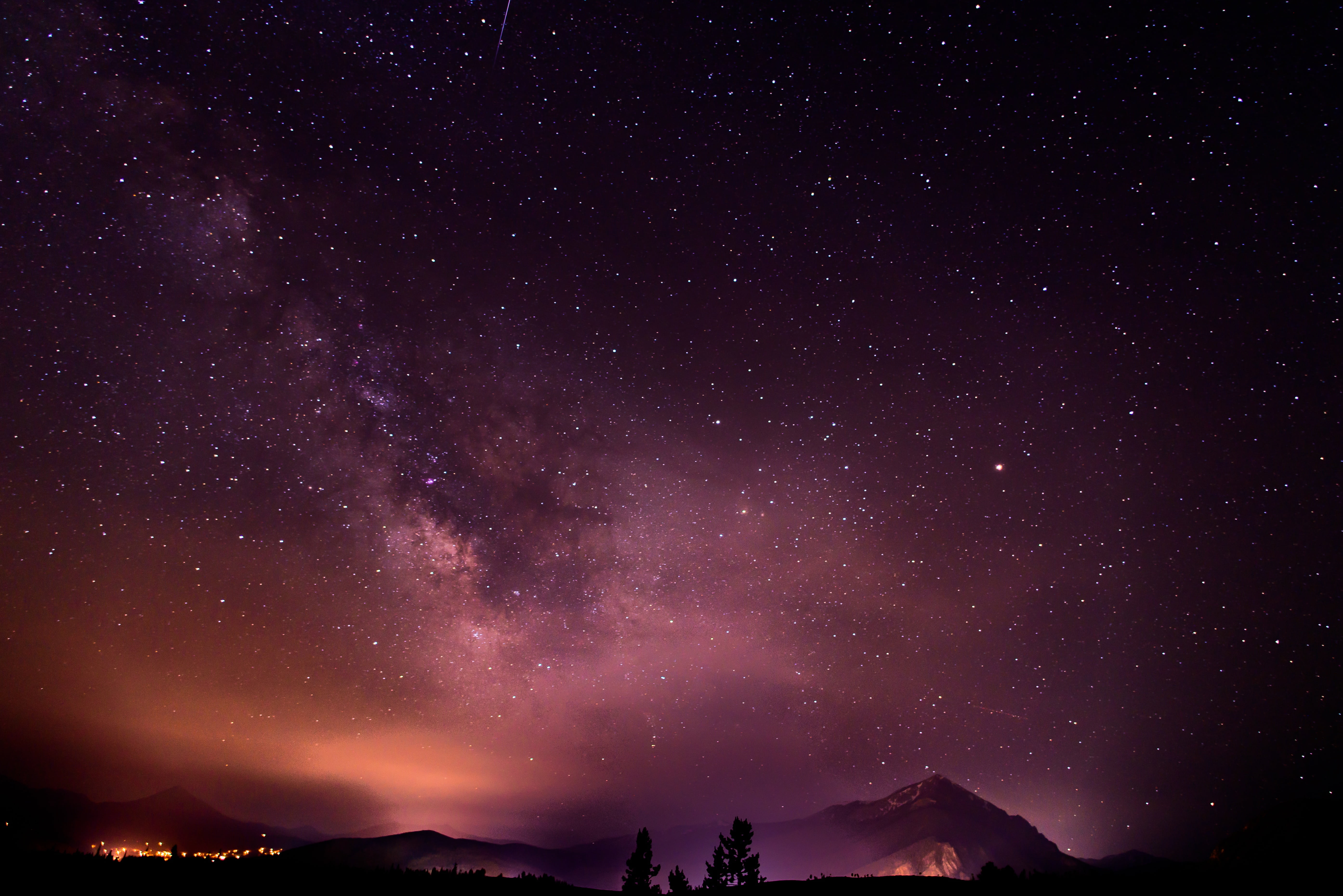 outdoors, illuminated, purple, star field, clouds, scenics - nature, trees, milky way, galaxy, beauty in nature, tranquility, stars, star, space, nature, HD Wallpaper