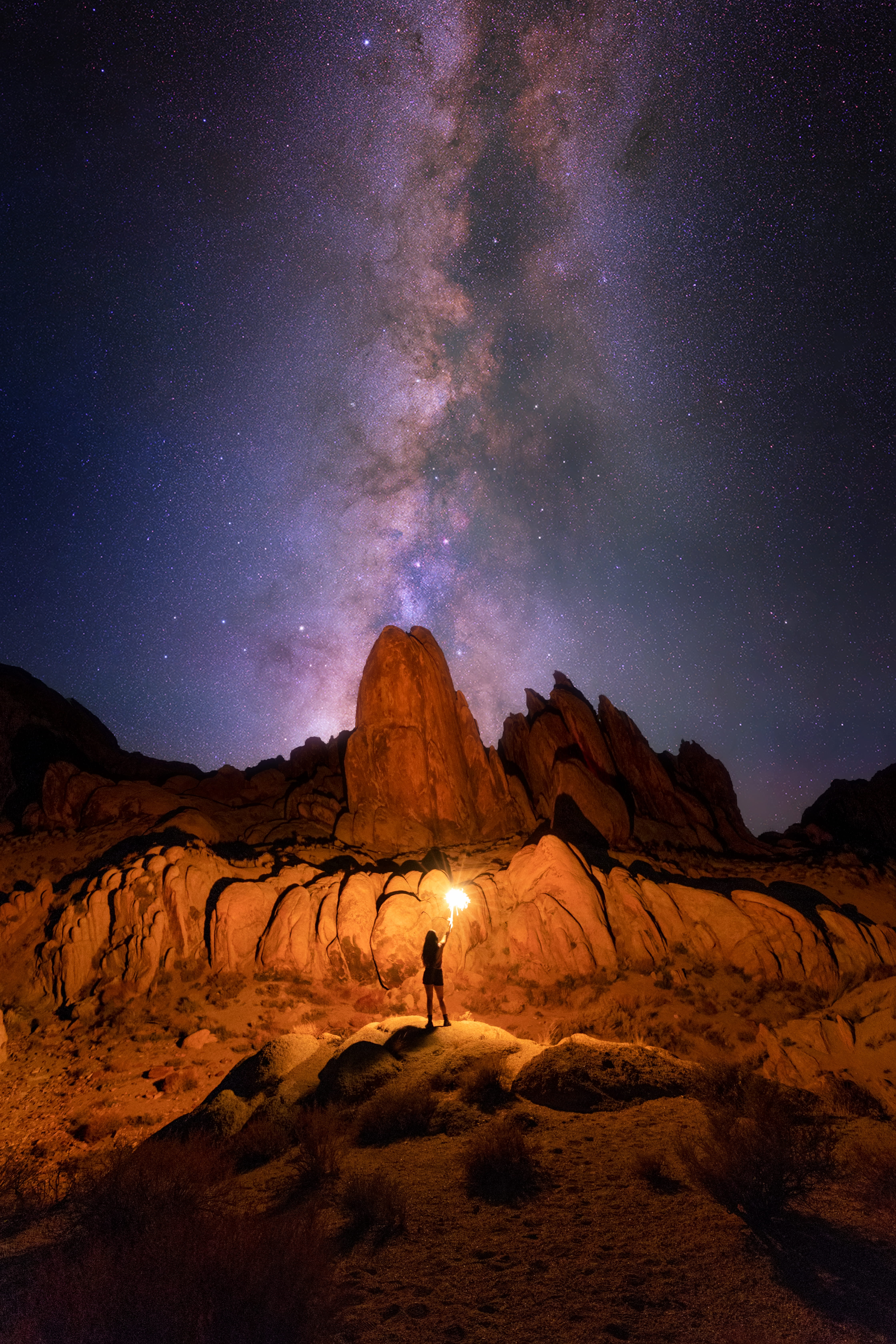 outdoors, night, nature, scenics - nature, star, rock formation, 5K, illumianted, person, solid, non-urban scene, space, nebula, starry, painting, fire, Phone HD Wallpaper