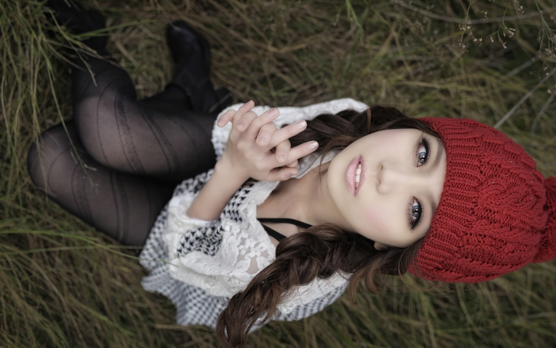 plant, one person, contemplation, tights, real people, young women, warm clothing, knit, women, lying on back, beautiful woman, land, outdoors, field, sitting, HD Wallpaper