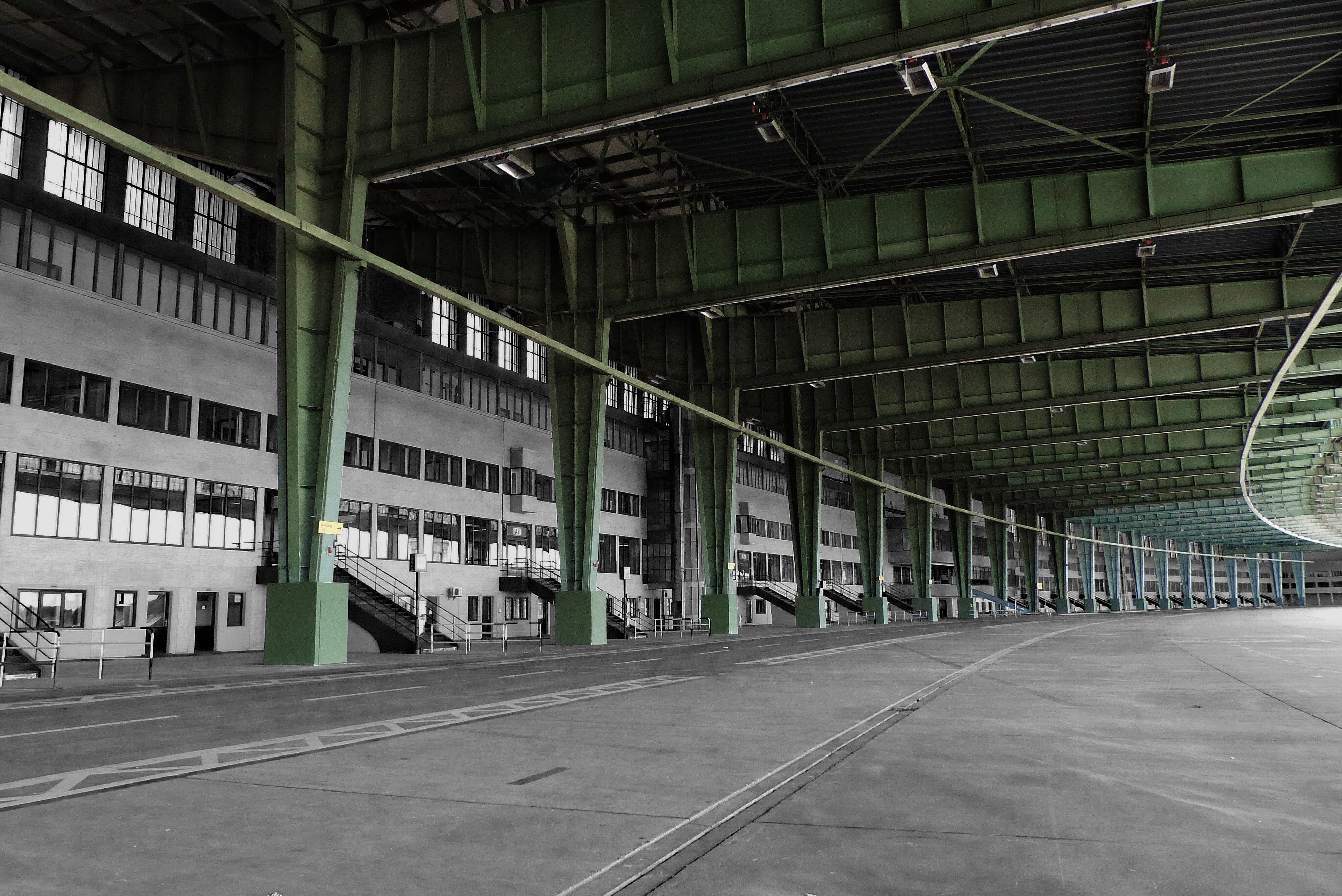 street, far, old, industry, modern, sign, empty, outdoors, indoors, Airport, building exterior, tempelhof, built structure, leave, architectural column, HD Wallpaper