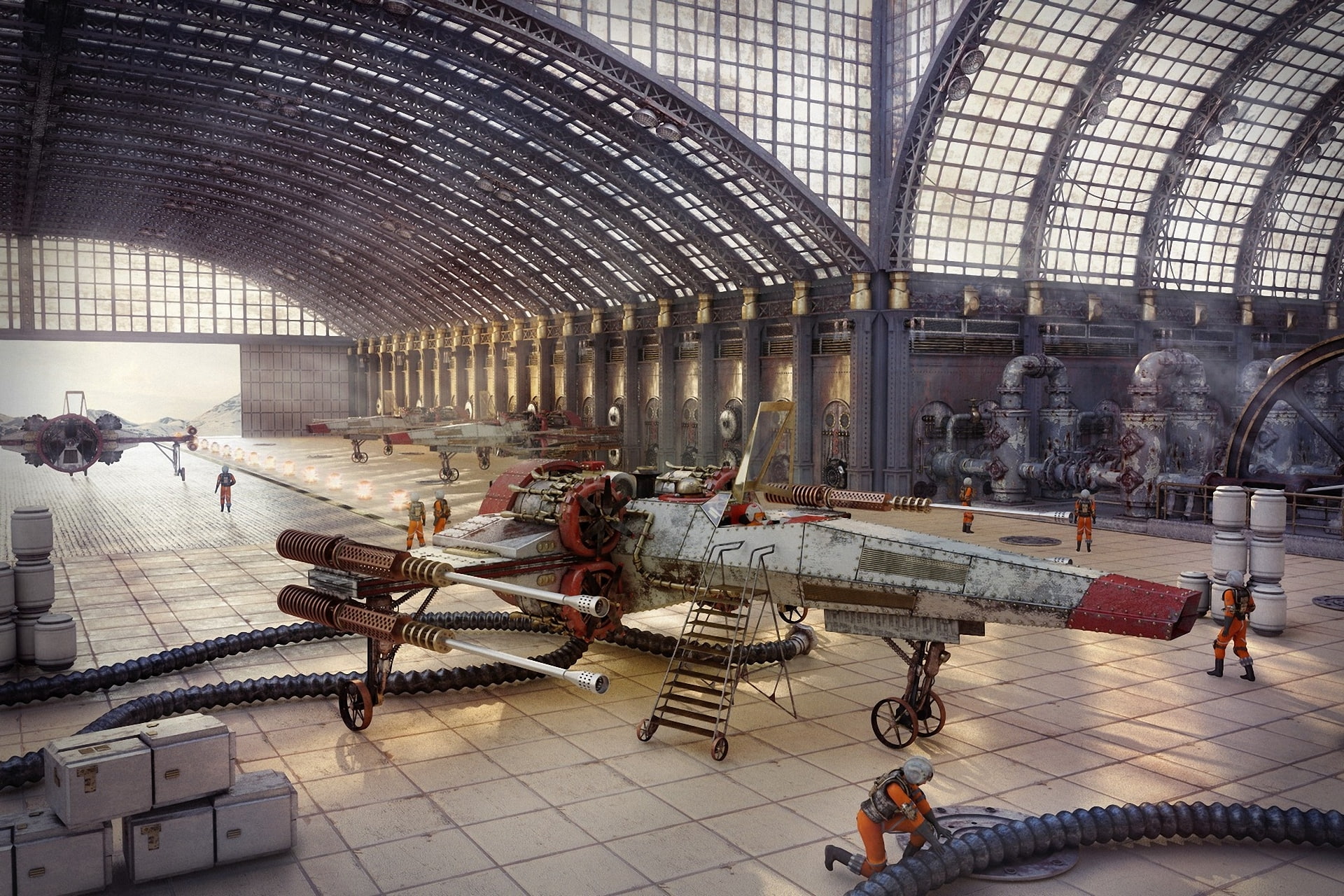 airplane, Planes, Wars, aircraft, Hangar, fi, art, ship, Star, Steampunk, People, sci, Futuristic, 1080P, HD Wallpaper
