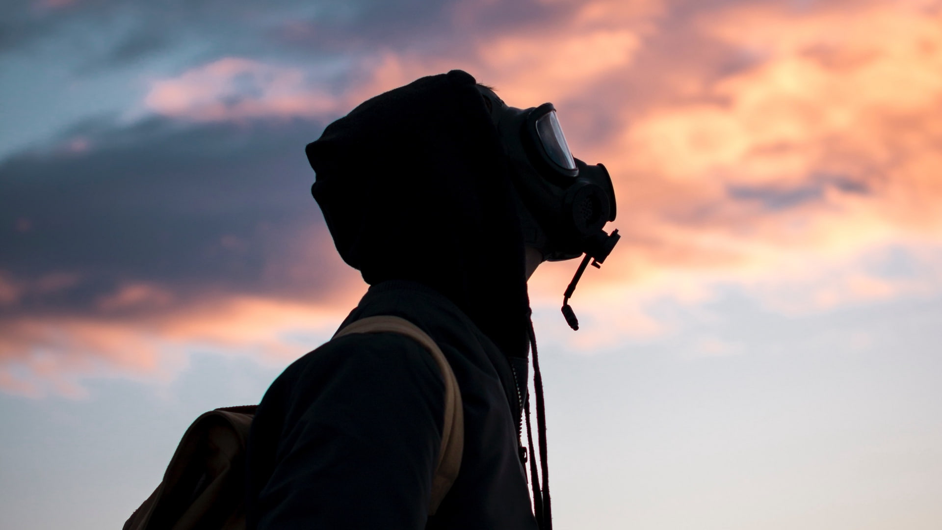 nature, outdoors, gas masks, holding, portrait, leisure activity, sky, silhouette, activity, profile view, sunset, one person, men, cloud - sky, headshot, HD Wallpaper