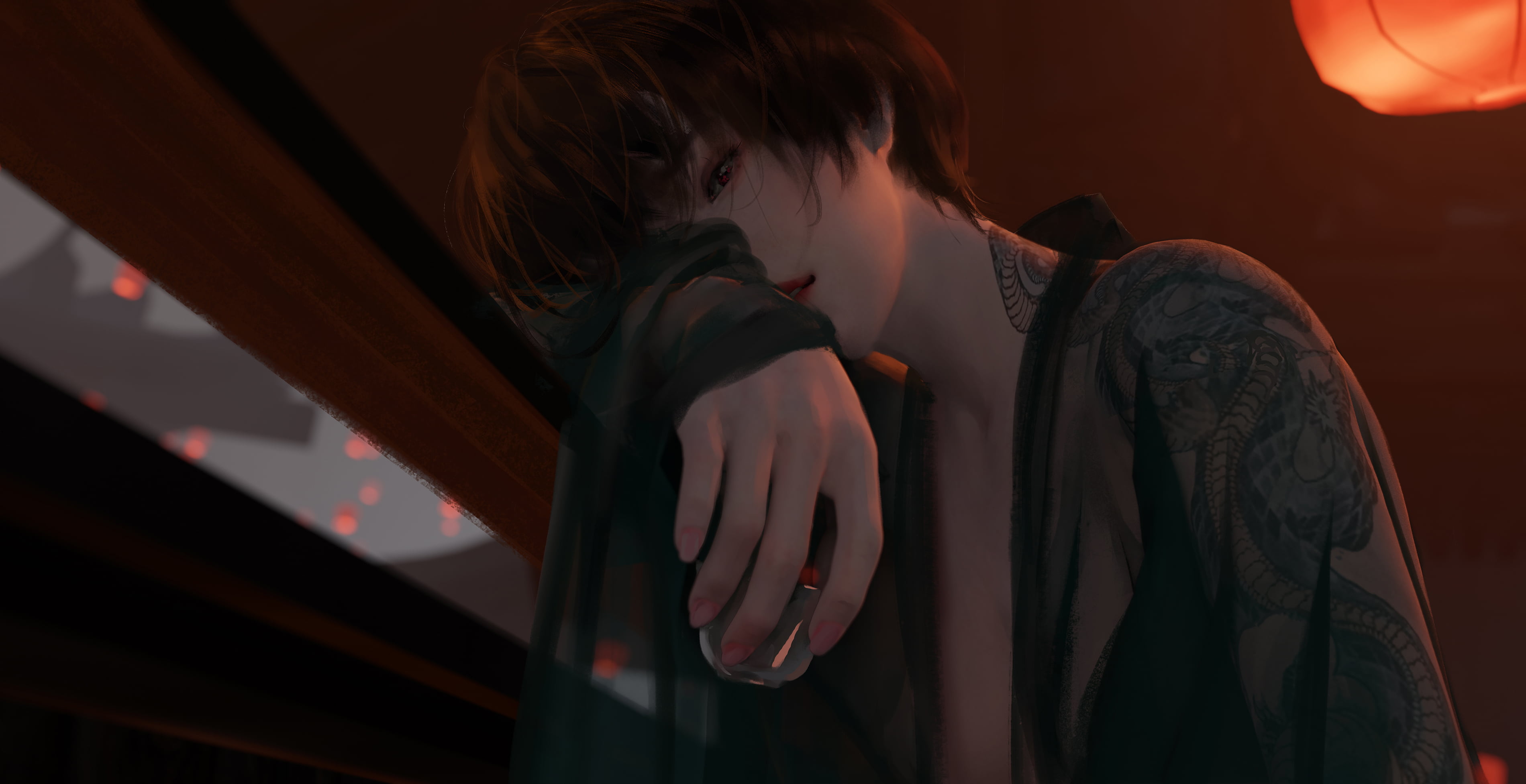 2K, overdrunk, Lantern Festival, WLOP, drinking, short hair, anime girls, dark hair, drunk, black hair, digital art, HD Wallpaper