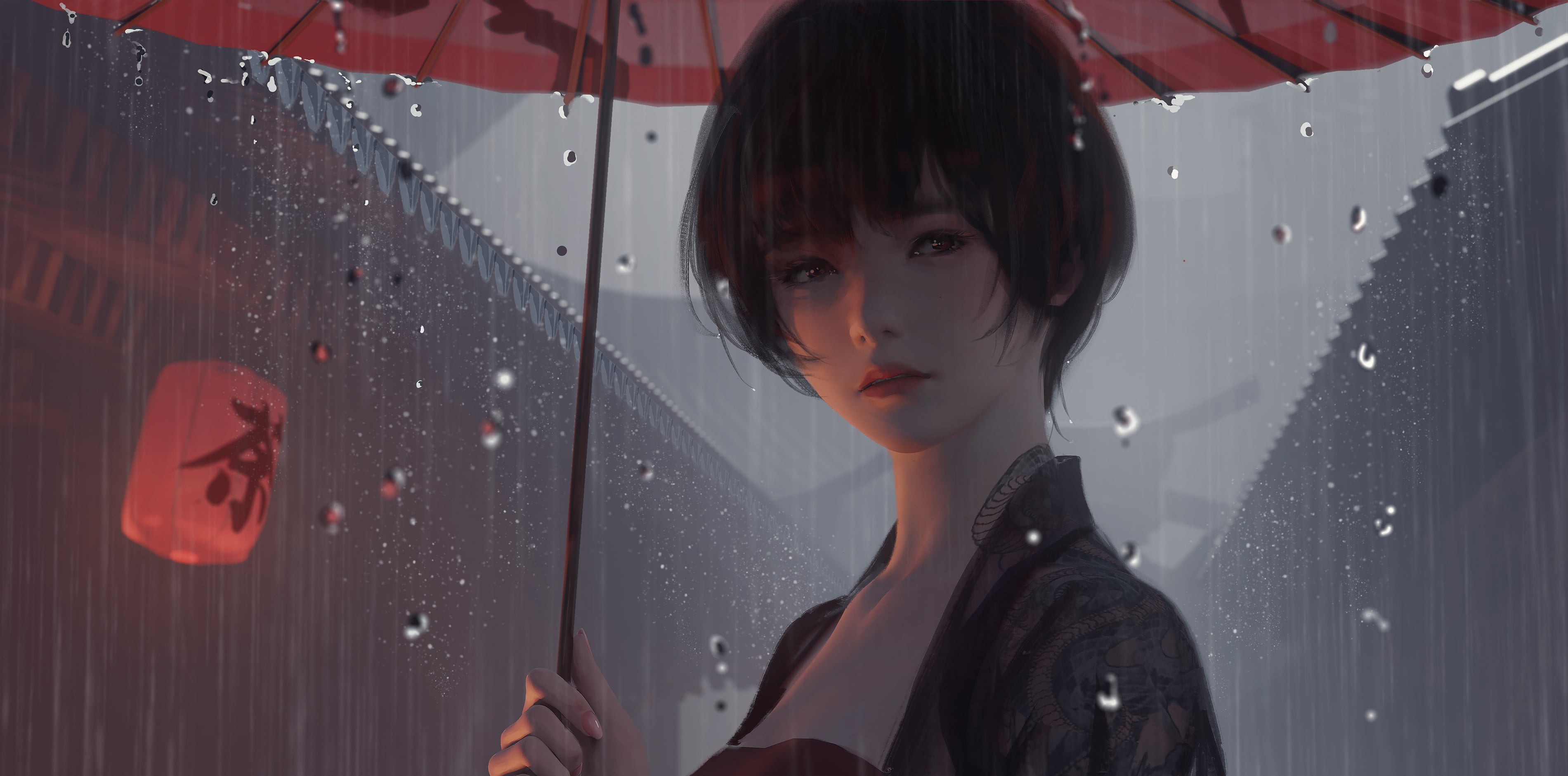 overdrunk, dark hair, WLOP, digital art, black hair, drunk, Lantern Festival, short hair, drinking, anime girls, 2K, HD Wallpaper