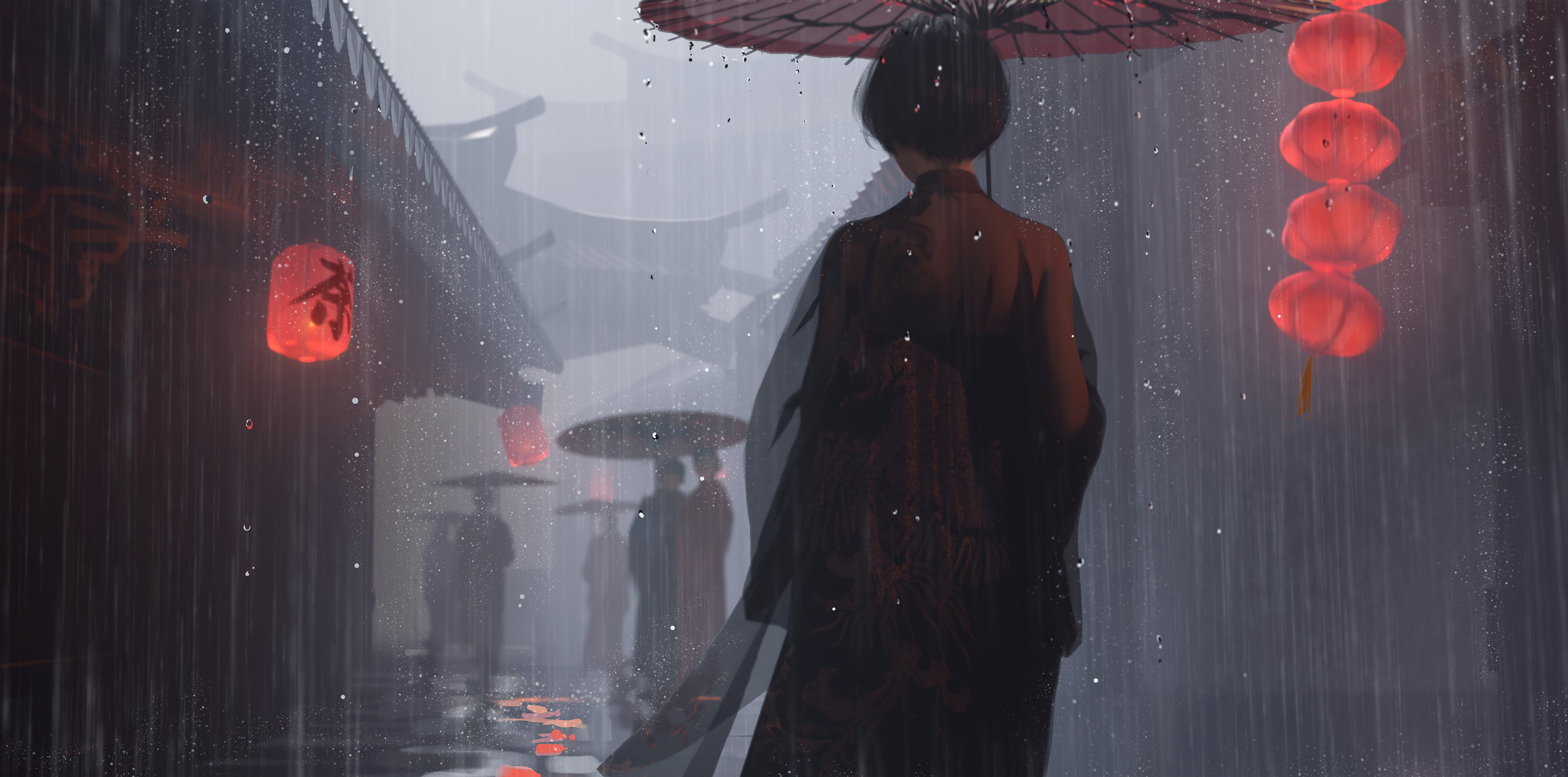 black hair, Lantern Festival, drunk, drinking, WLOP, anime girls, short hair, digital art, 2K, overdrunk, dark hair, HD Wallpaper
