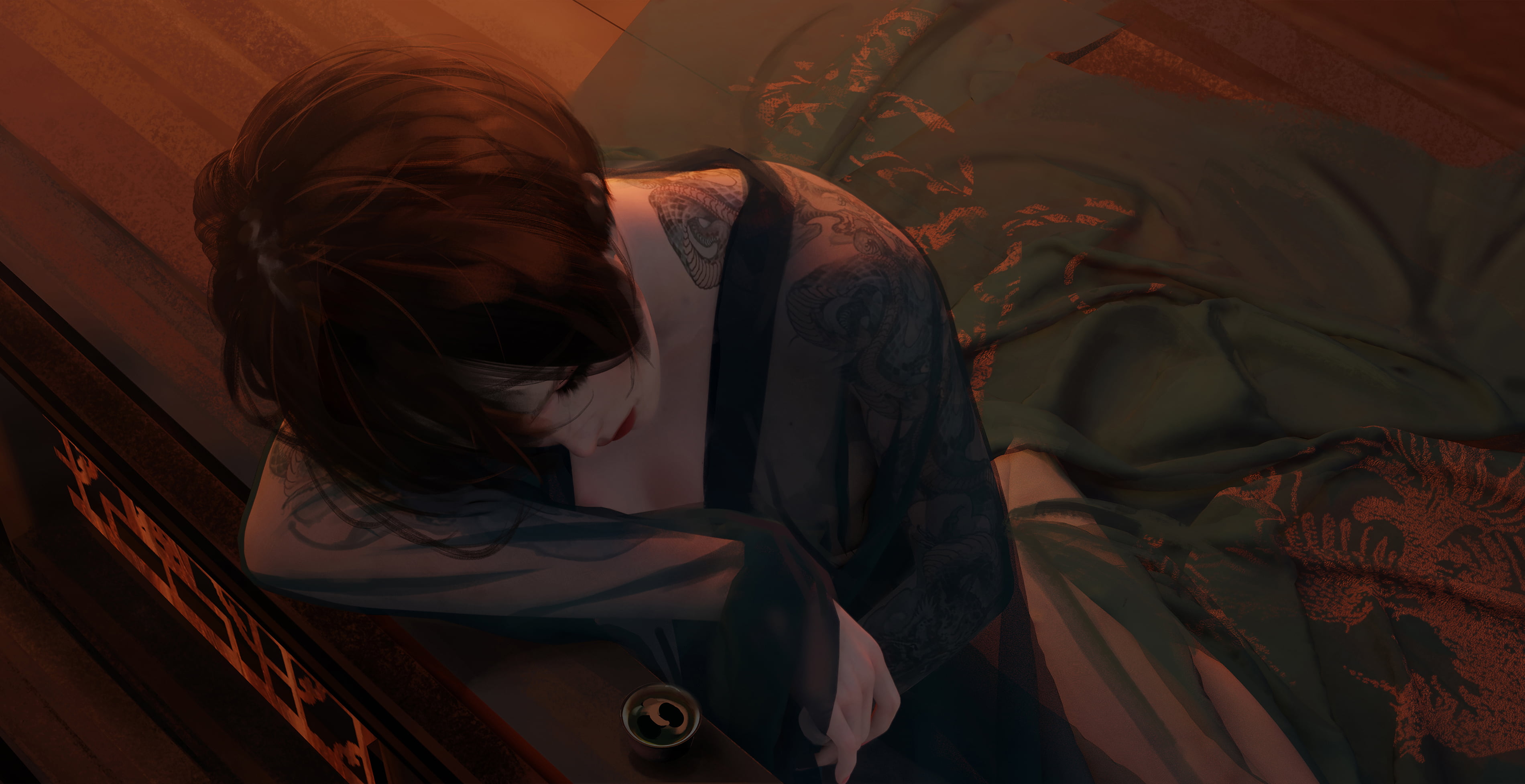 overdrunk, digital art, drunk, WLOP, anime girls, black hair, 2K, Lantern Festival, short hair, dark hair, drinking, HD Wallpaper