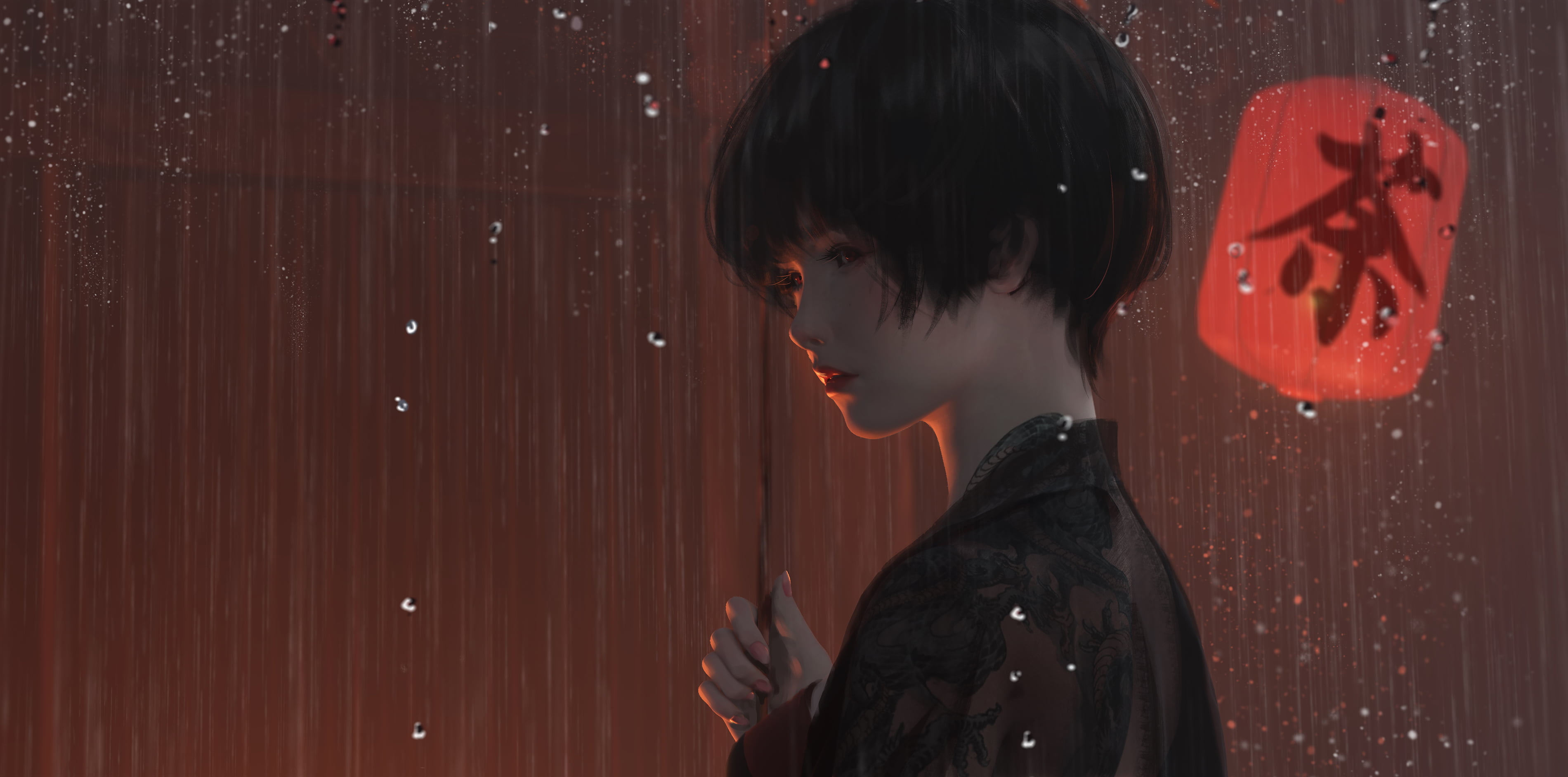 dark hair, digital art, short hair, drunk, drinking, WLOP, Lantern Festival, black hair, anime girls, overdrunk, 2K, HD Wallpaper