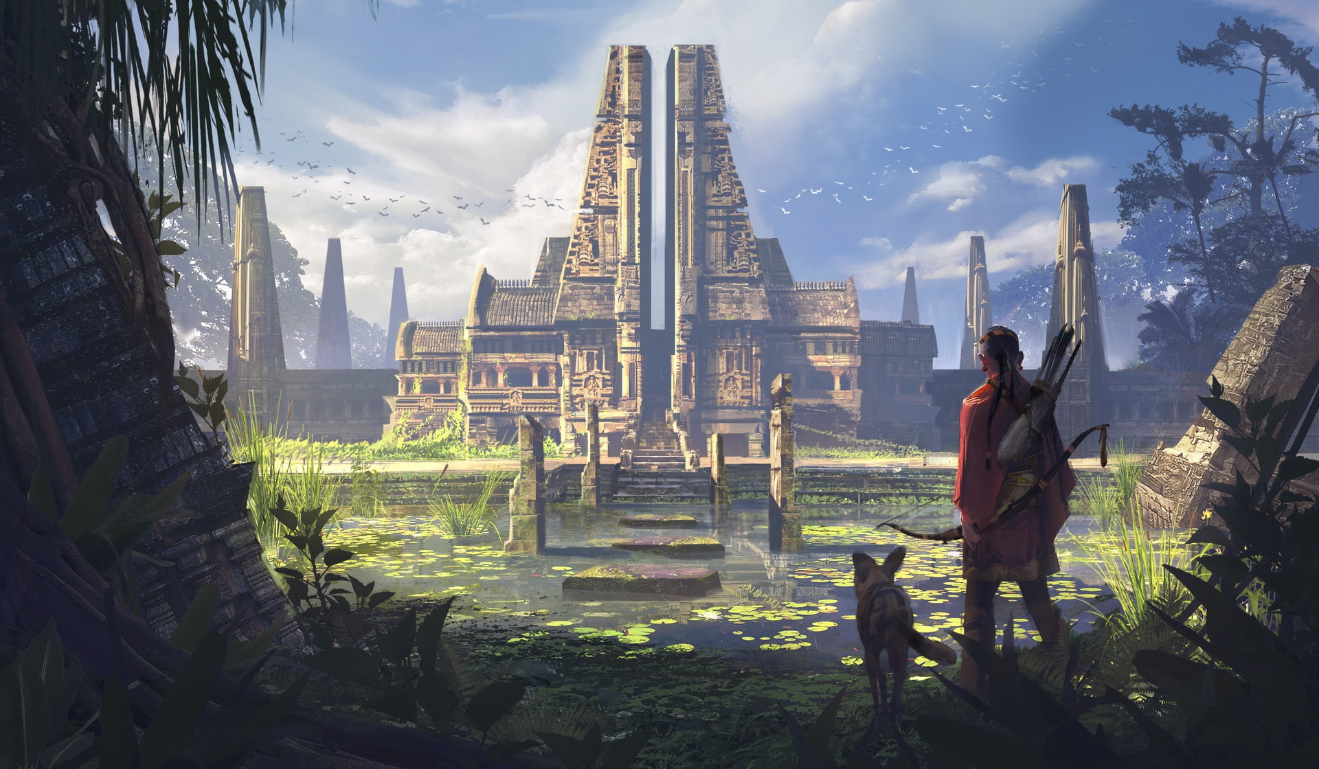 1080P, aboriginal, dog, temple, Ancient Temple, pond, HD Wallpaper