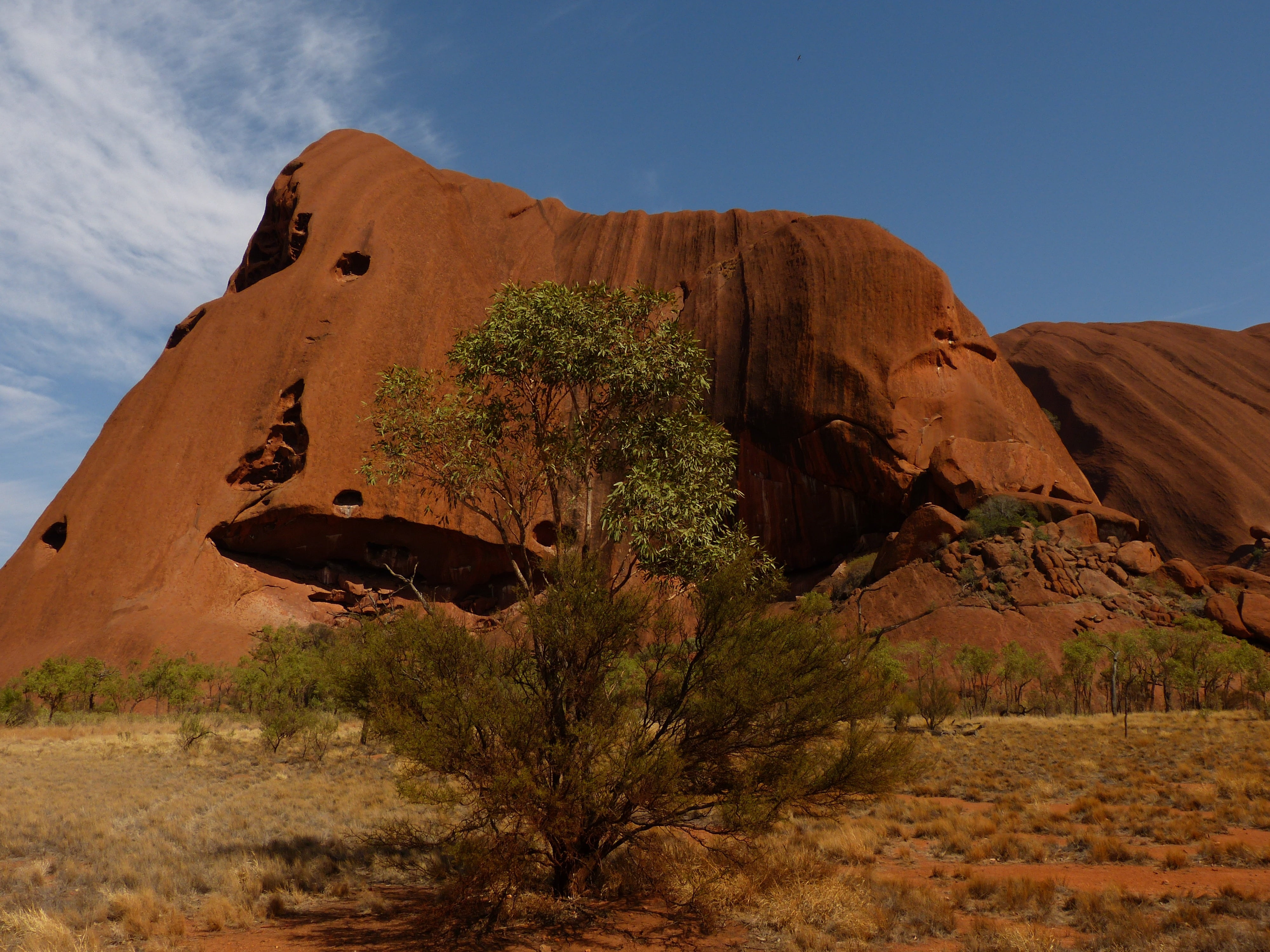 aborigines, rock formation, 4K, sky, ayers rock, climate, bush, natural attraction, formation, physical geography, arid climate, plant, green, remote, HD Wallpaper