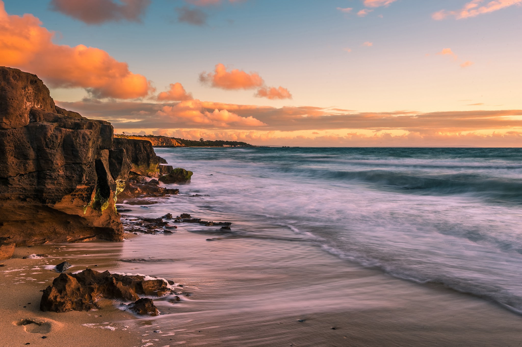 Sea, 1080P, clouds, beautifull, painting, Sunset, waves, beach, seaside, HD Wallpaper